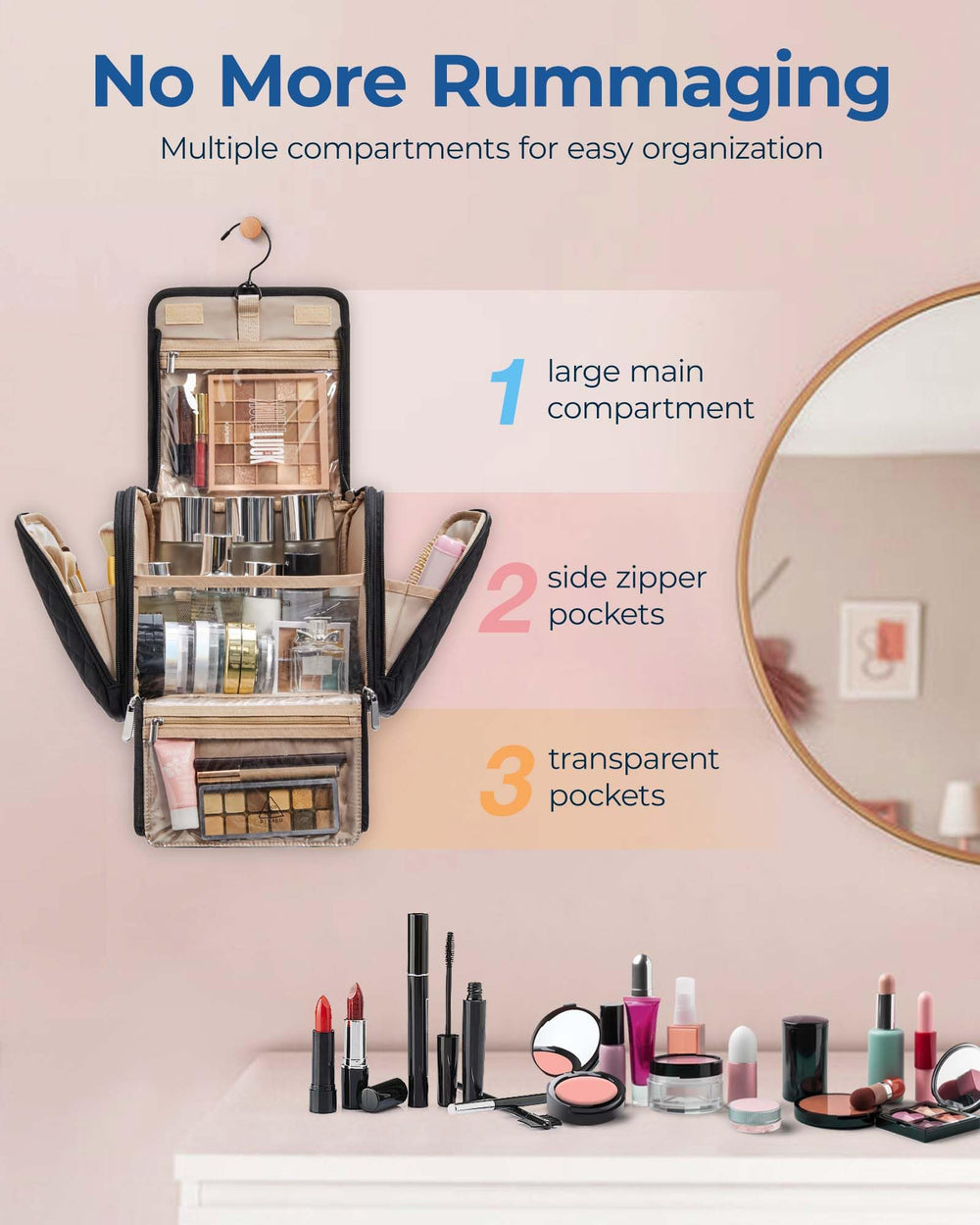 BAGSMART makeup bag large capacity organizes cosmetics and toiletries