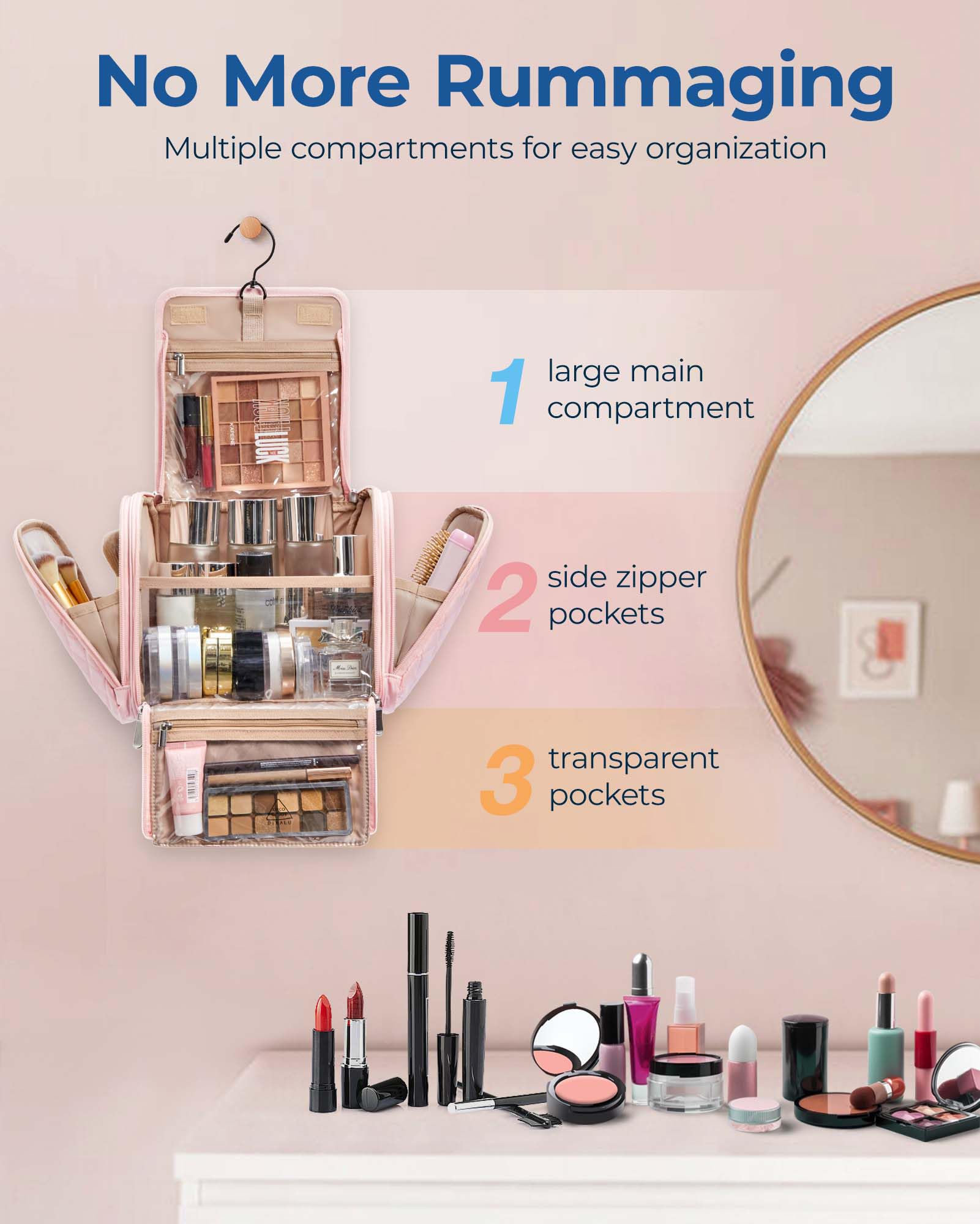 BAGSMART makeup bag demonstrates ample space for cosmetics and toiletries on the go.