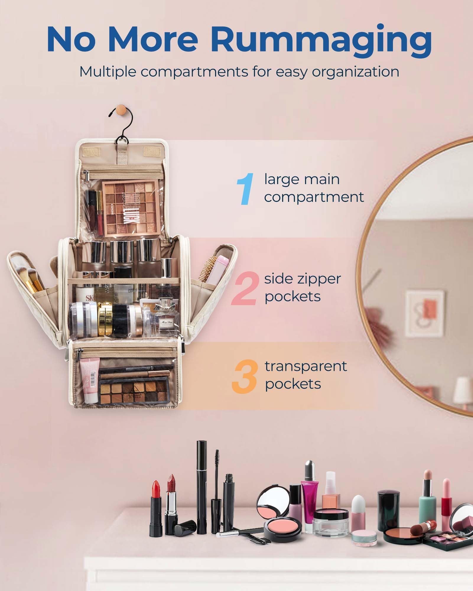 BAGSMART makeup bag with large capacity for cosmetics and toiletries