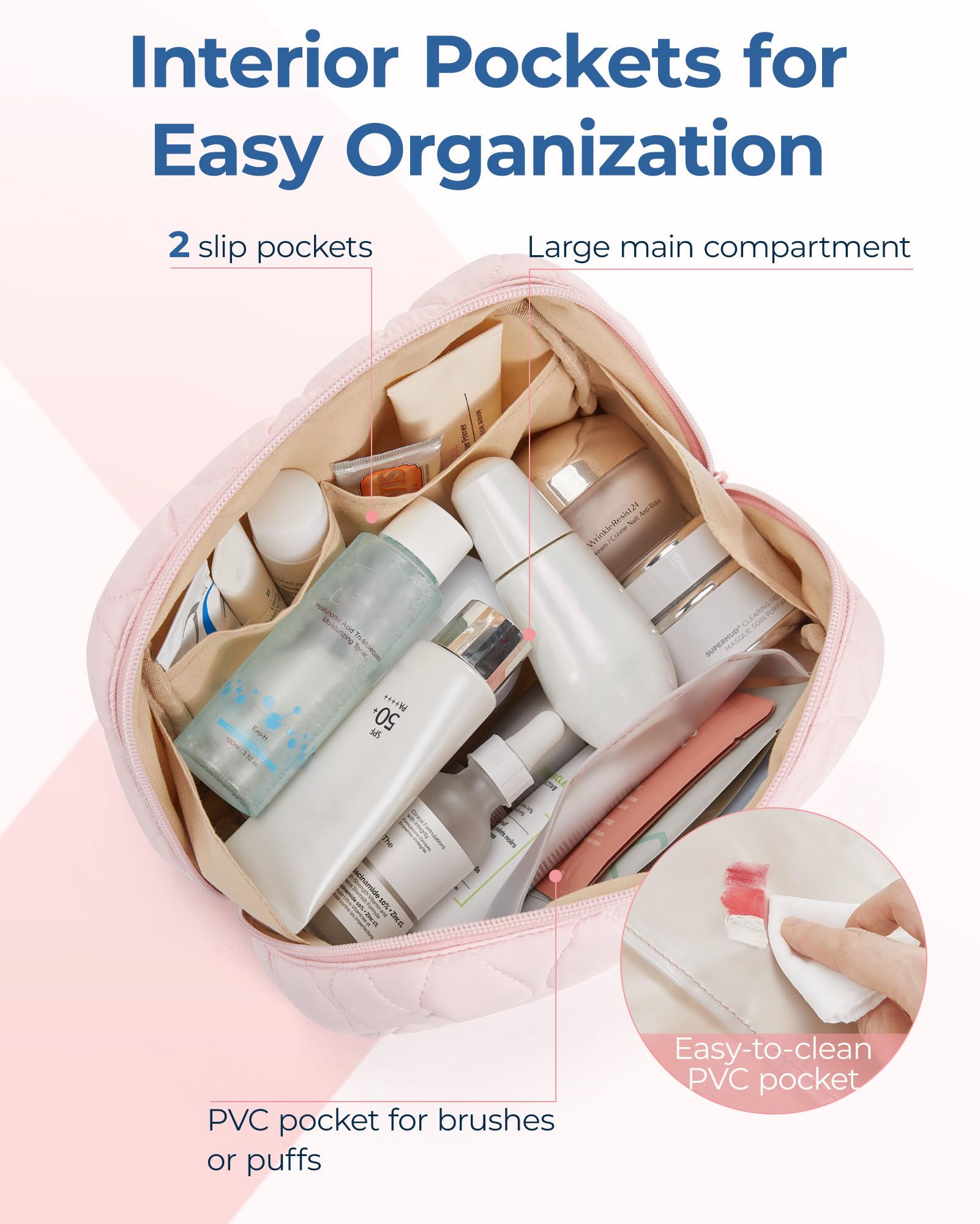 BAGSMART makeup bag pink interior pockets keep lipsticks and brushes organized