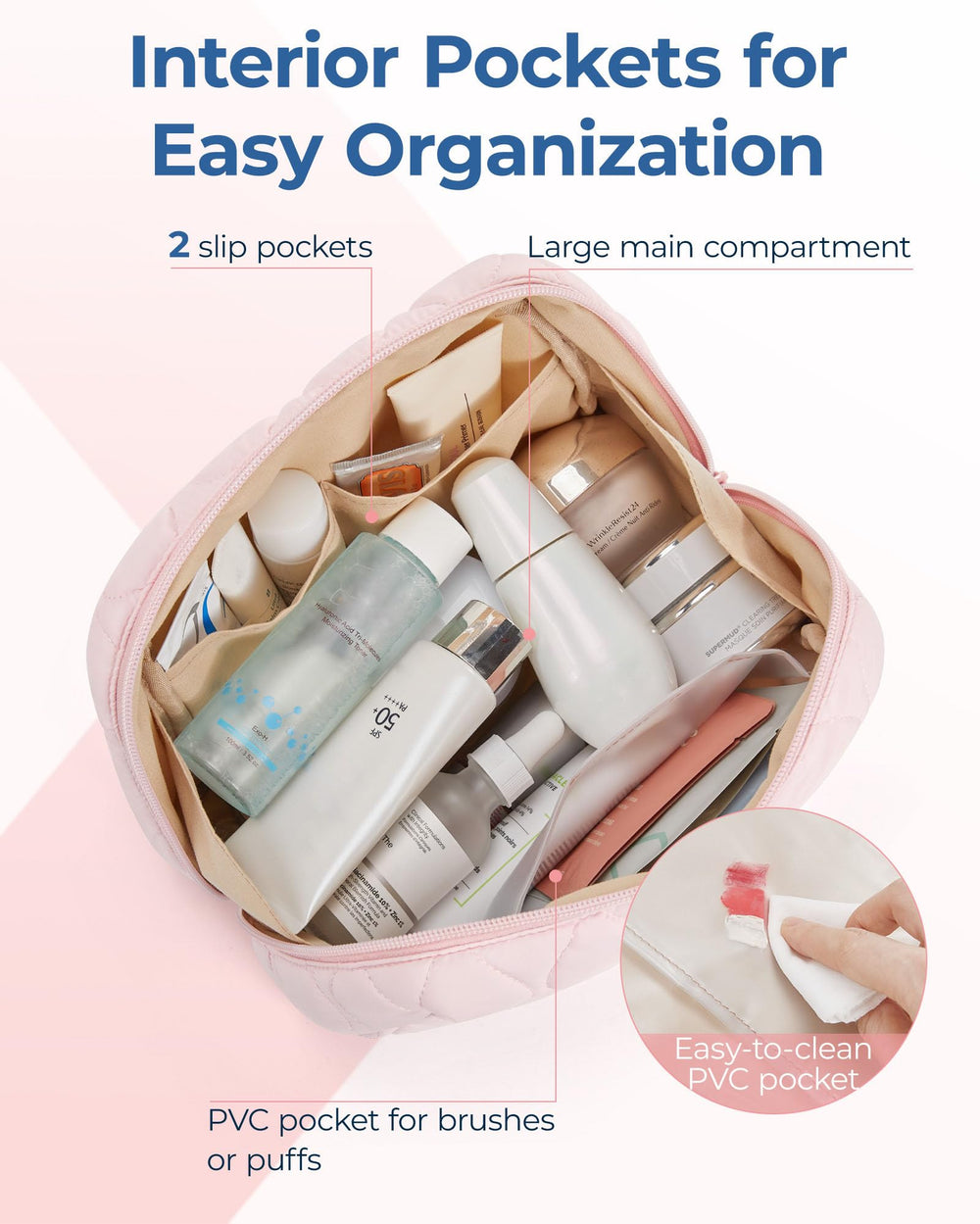 BAGSMART makeup bag pink interior pockets keep lipsticks and brushes organized