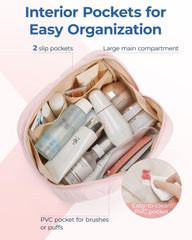 BAGSMART makeup bag pink interior pockets keep lipsticks and brushes organized