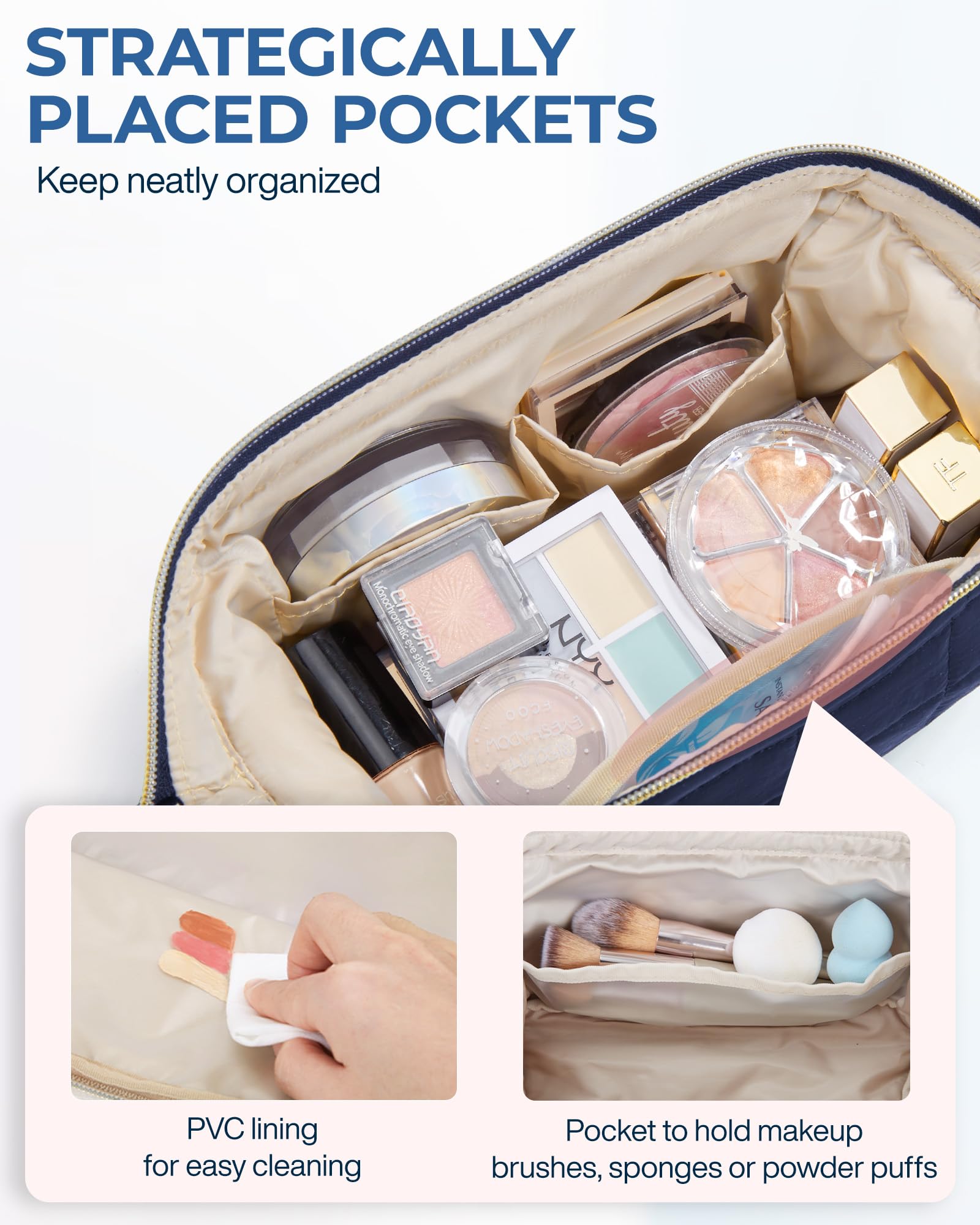 BAGSMART makeup bag pocket layout keeps lipsticks, liners, and tools tidy