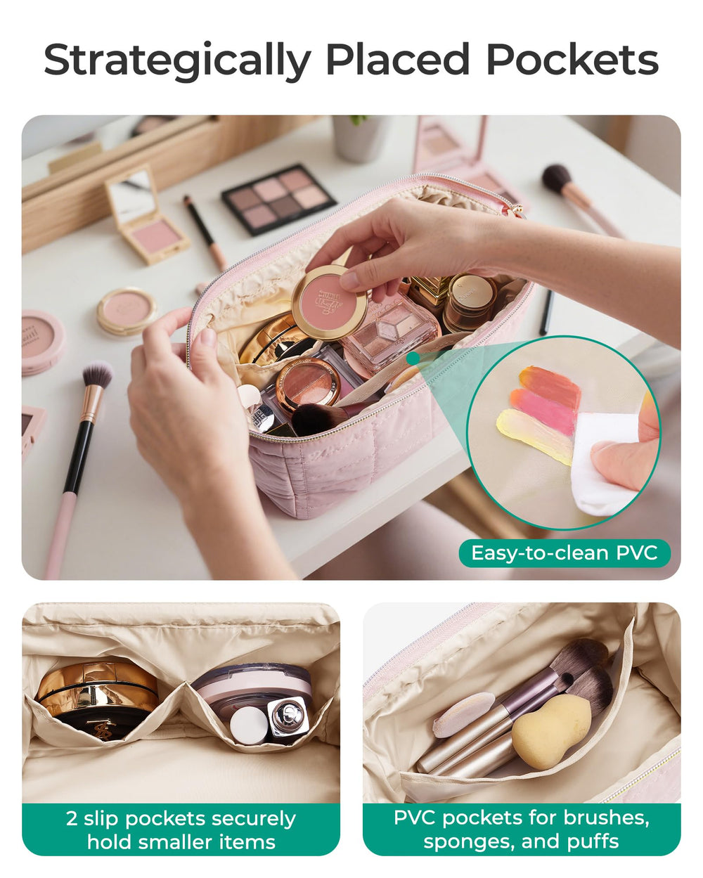 BAGSMART makeup bag PVC liner pocket protects brushes and keeps spills contained.