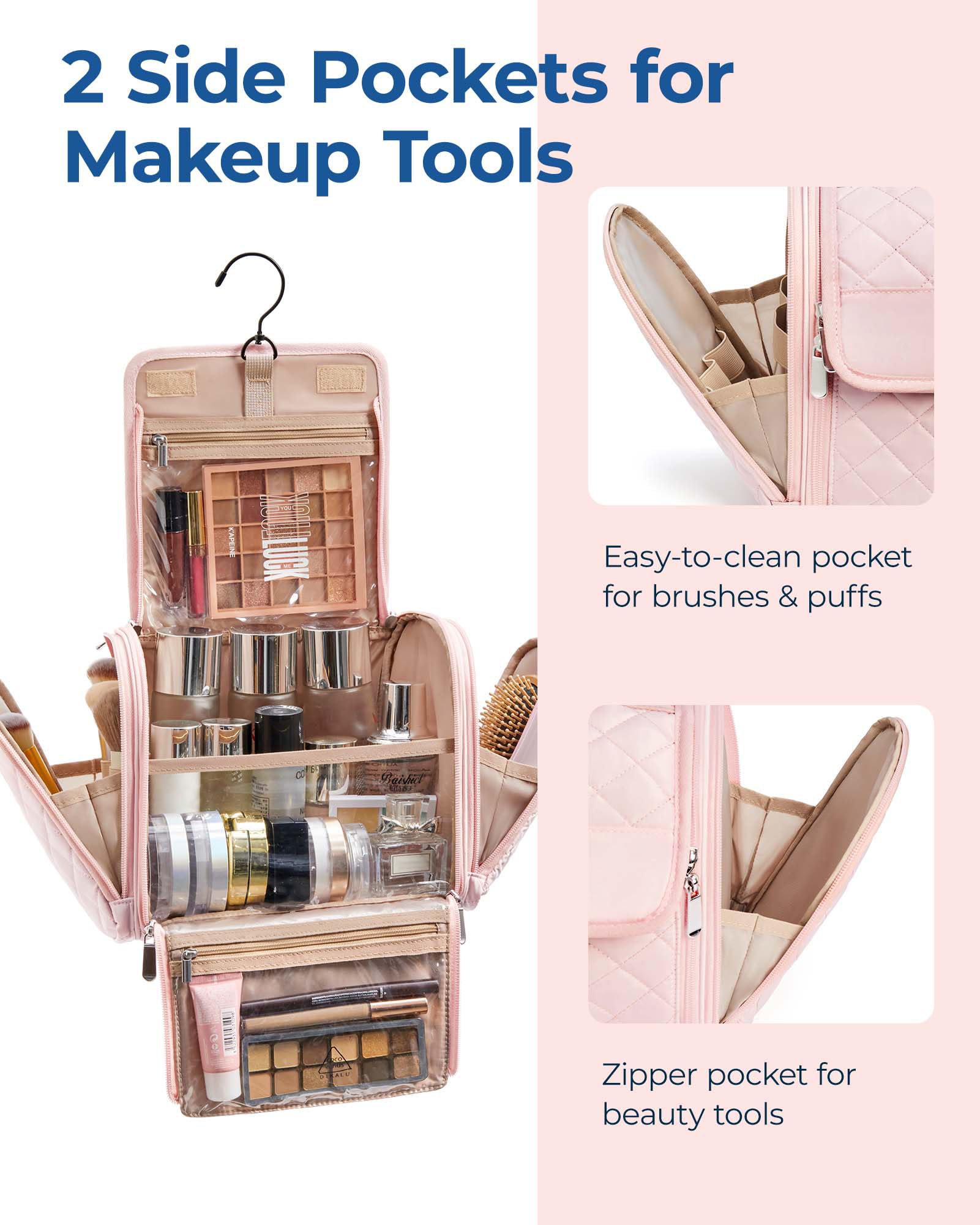 BAGSMART makeup bag with 360-degree rotating hook offers versatile hanging options.
