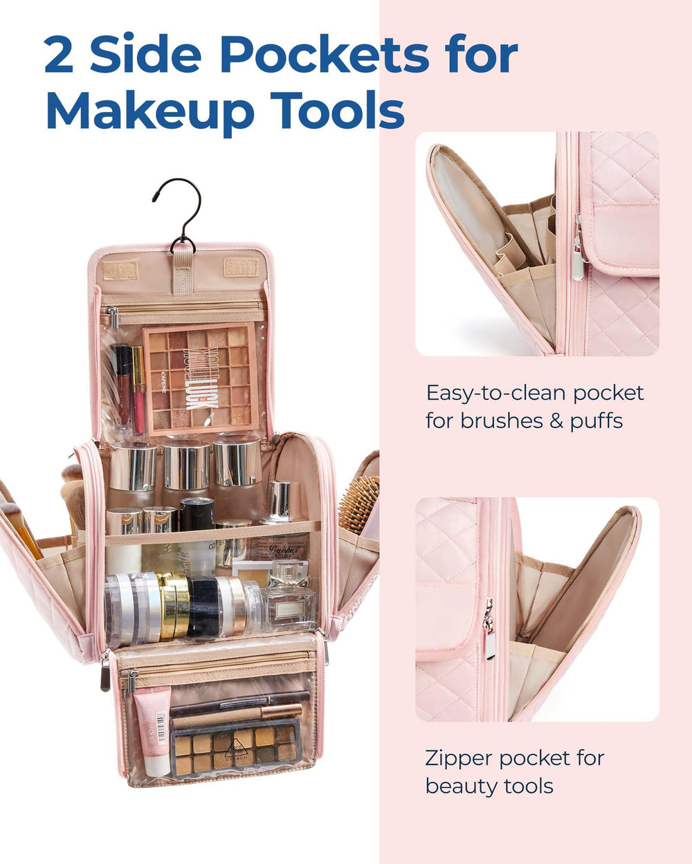 BAGSMART makeup bag with 360-degree rotating hook offers versatile hanging options.