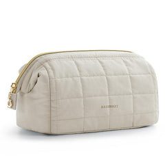 BAGSMART wide-opening beige makeup bag for quick access to essentials on the go.
