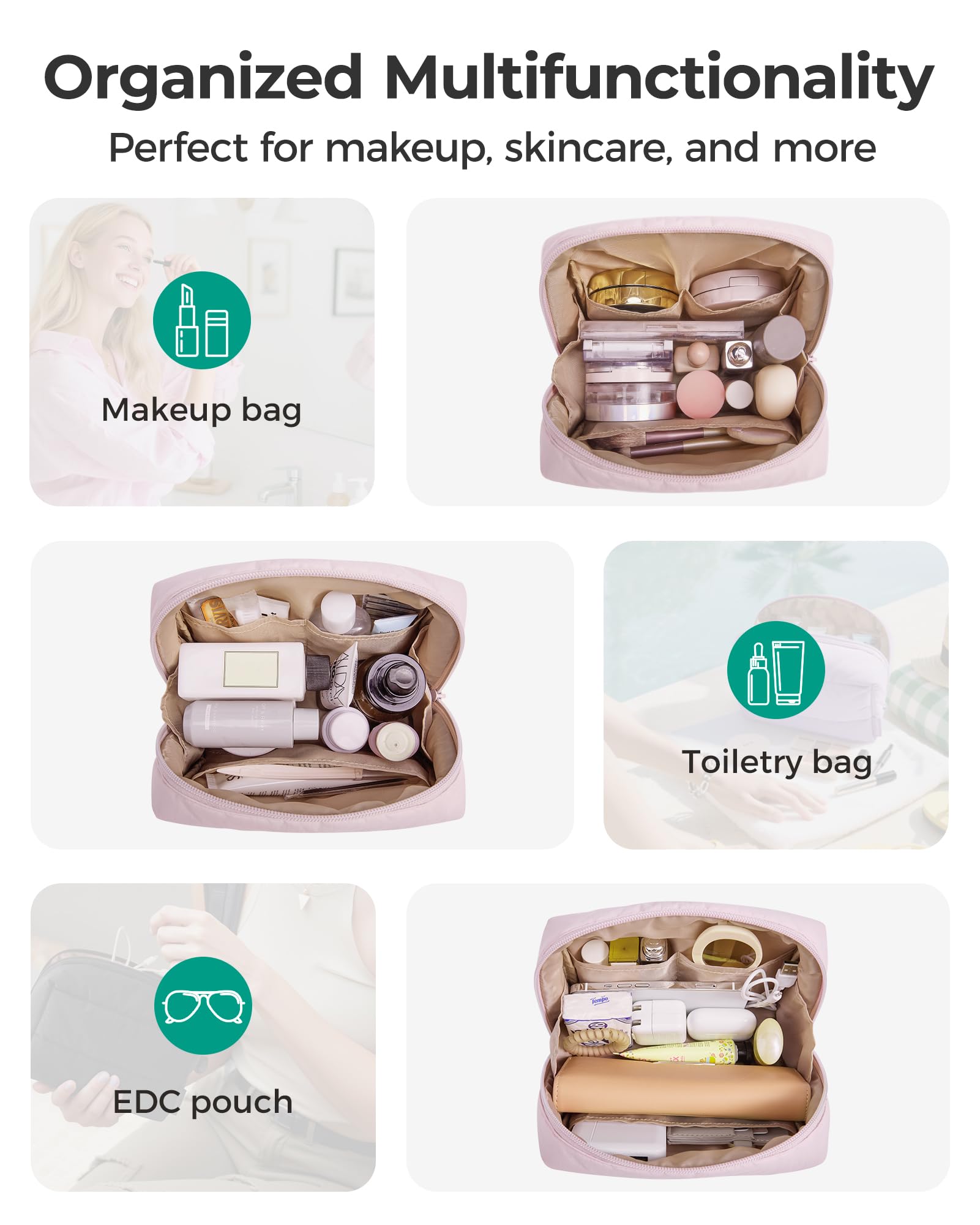 BAGSMART Puffy Makeup Bag baby-pink color adds chic daily-use appeal