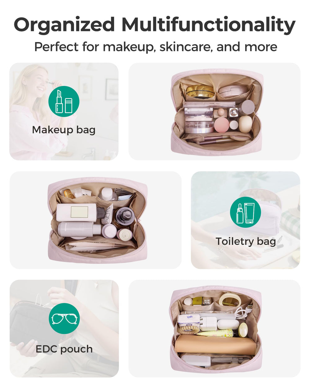 BAGSMART Puffy Makeup Bag baby-pink color adds chic daily-use appeal