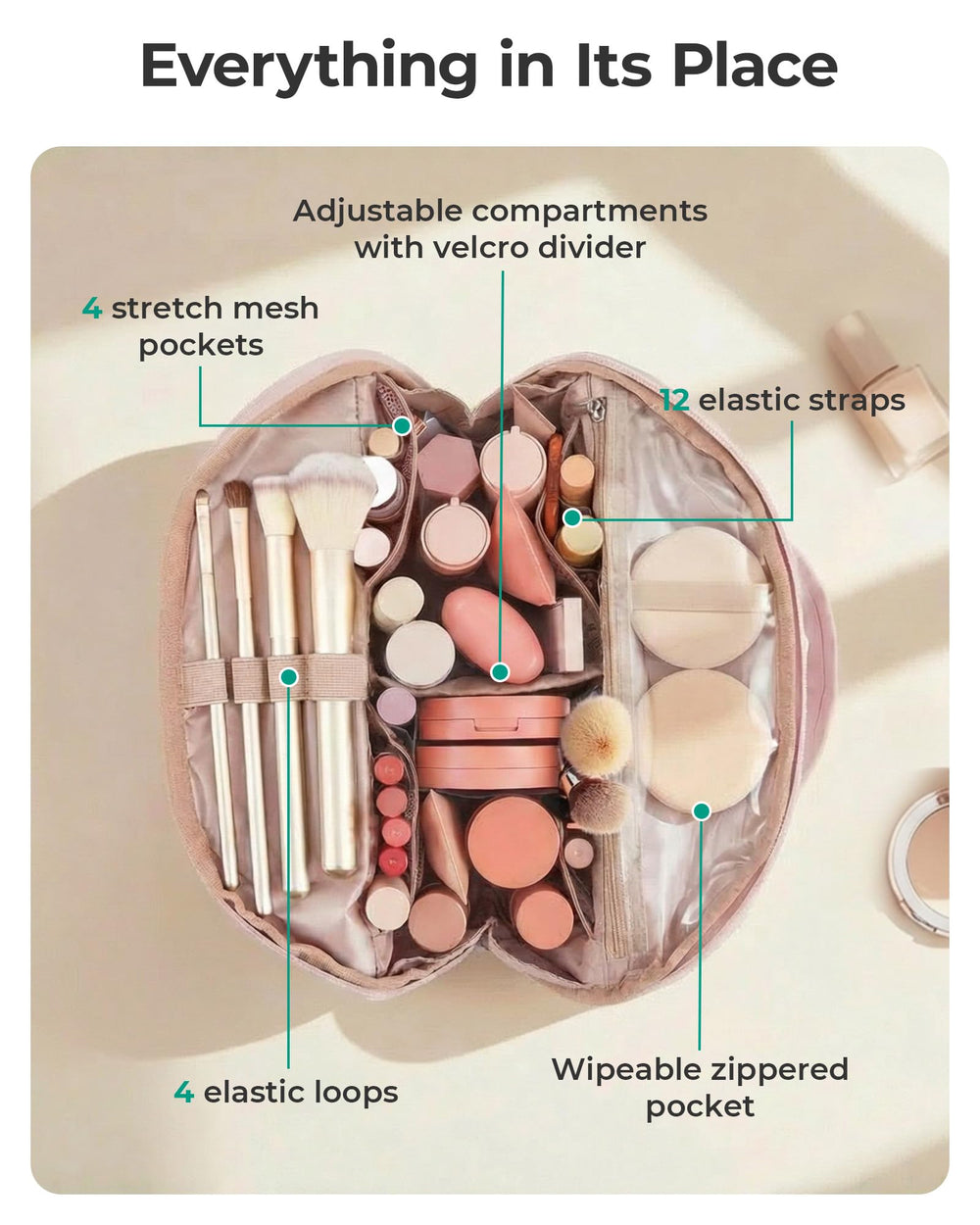 BAGSMART puffy padding keeps brushes and bottles protected during travel.