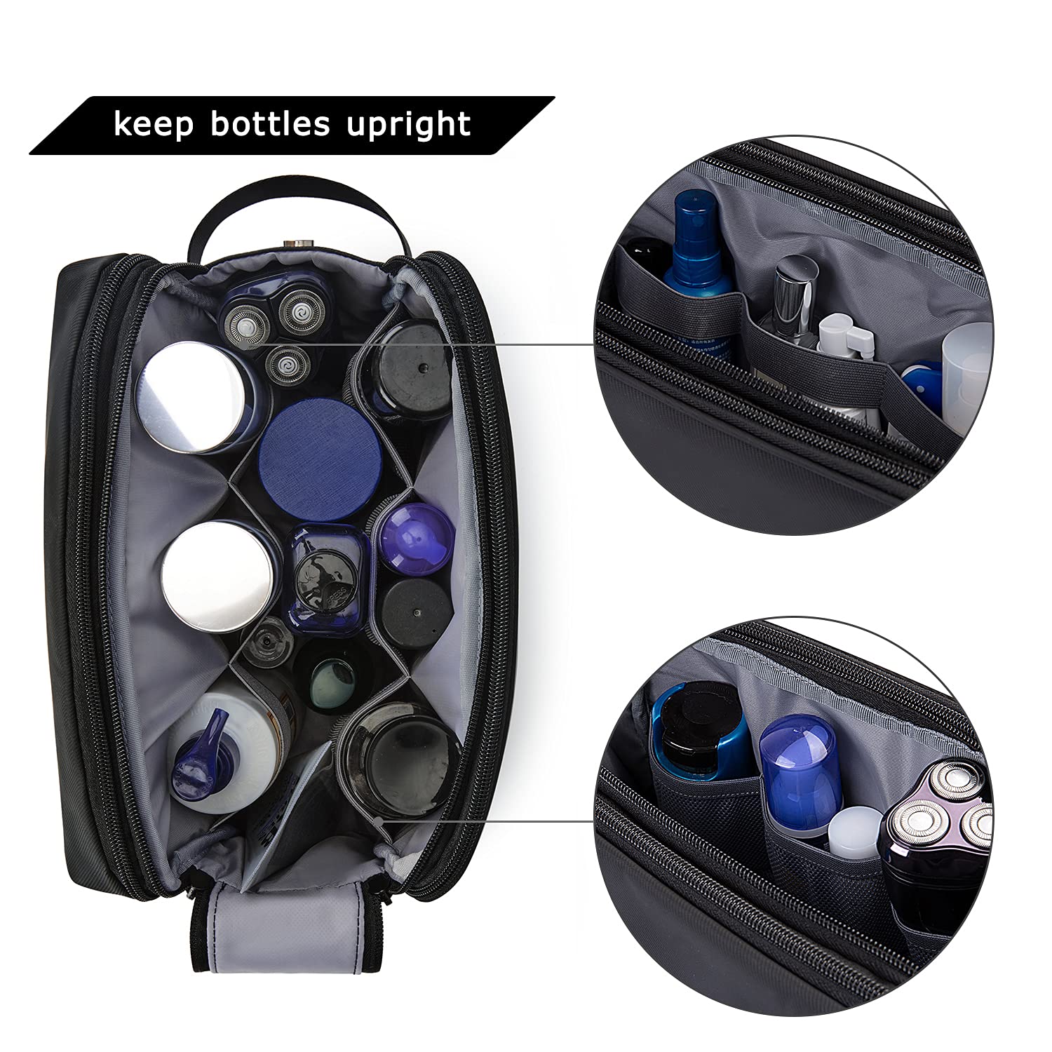 BAGSMART shaving kit bag with interior straps keeps razors and bottles upright.