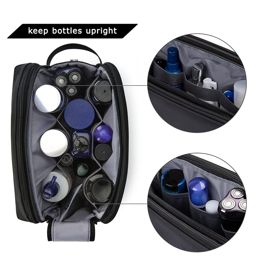 BAGSMART shaving kit bag with interior straps keeps razors and bottles upright.