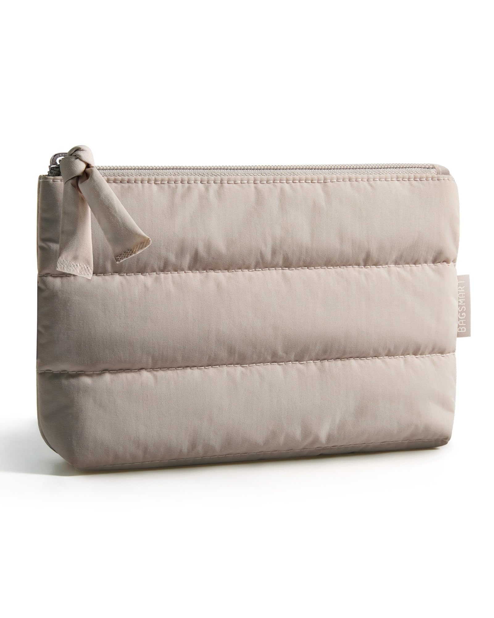BAGSMART small makeup bag camel side view showing slim profile for easy packing