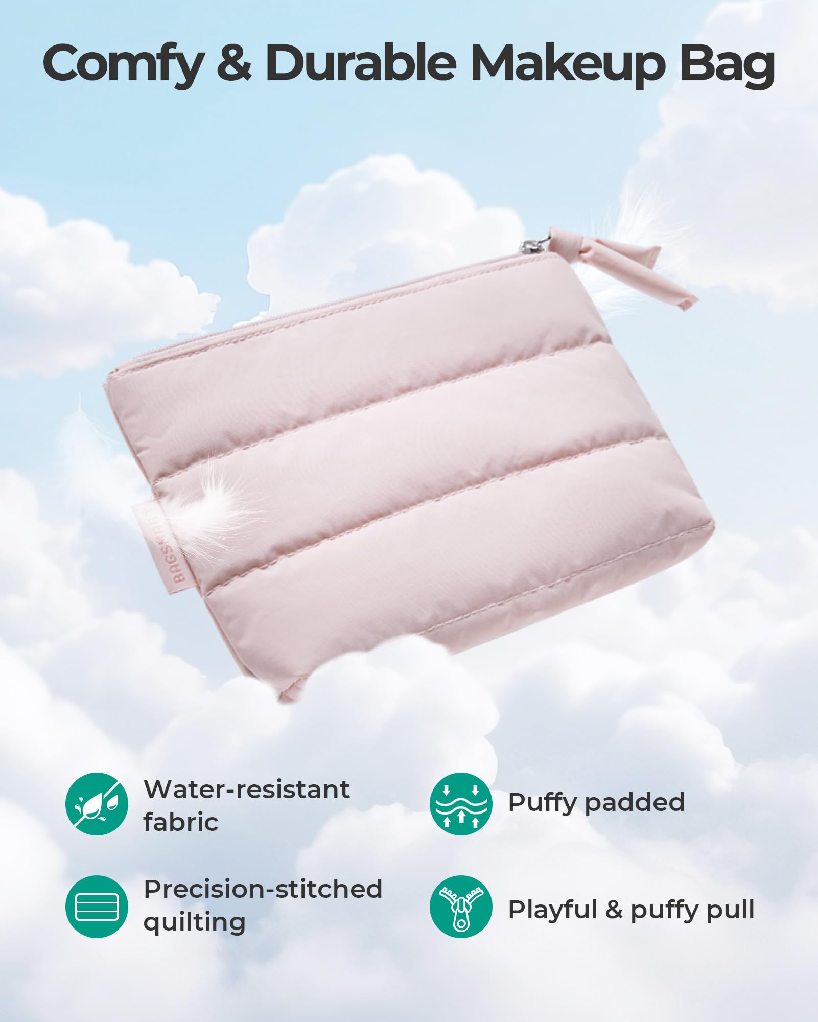 BAGSMART small makeup bag camel zipper detail with playful puff pull