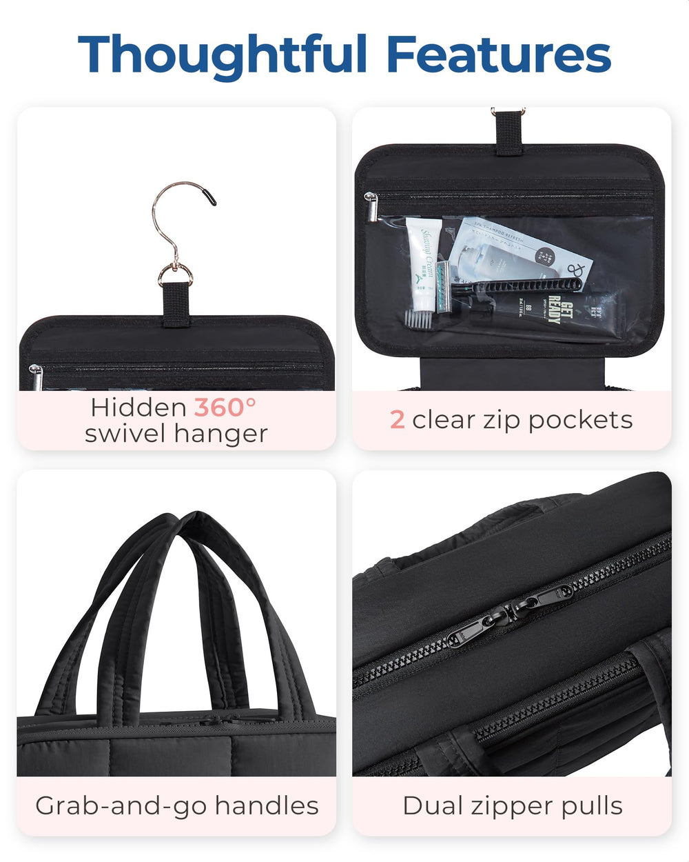 BAGSMART stow-away swivel hook provides versatile hanging options