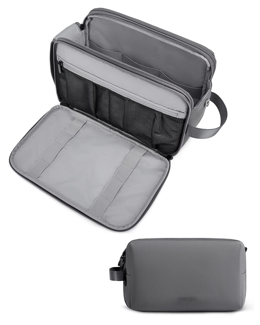 BAGSMART Toiletry Bag front pocket waterproof keeps wet items separated during travel.