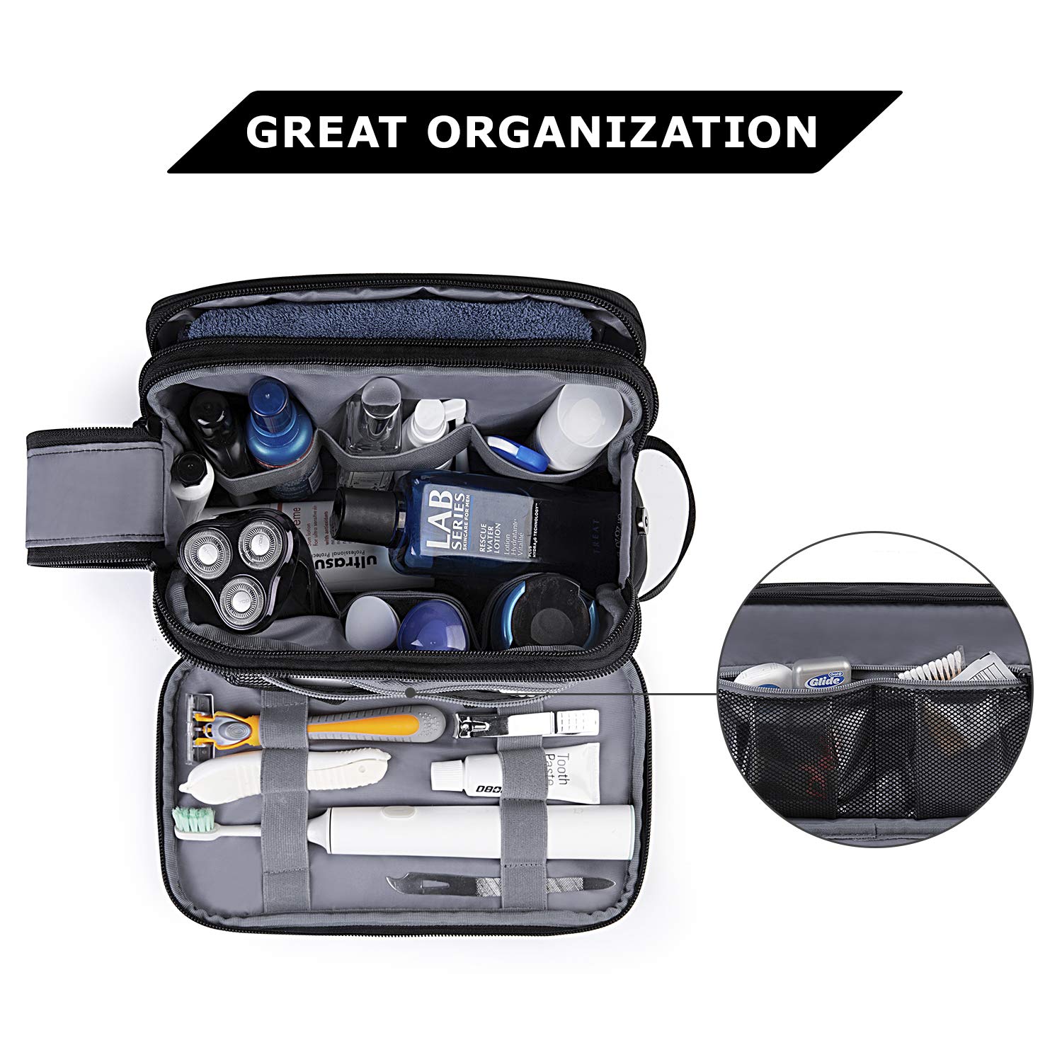 BAGSMART Toiletry Bag front waterproof pocket protects wet items during trips.