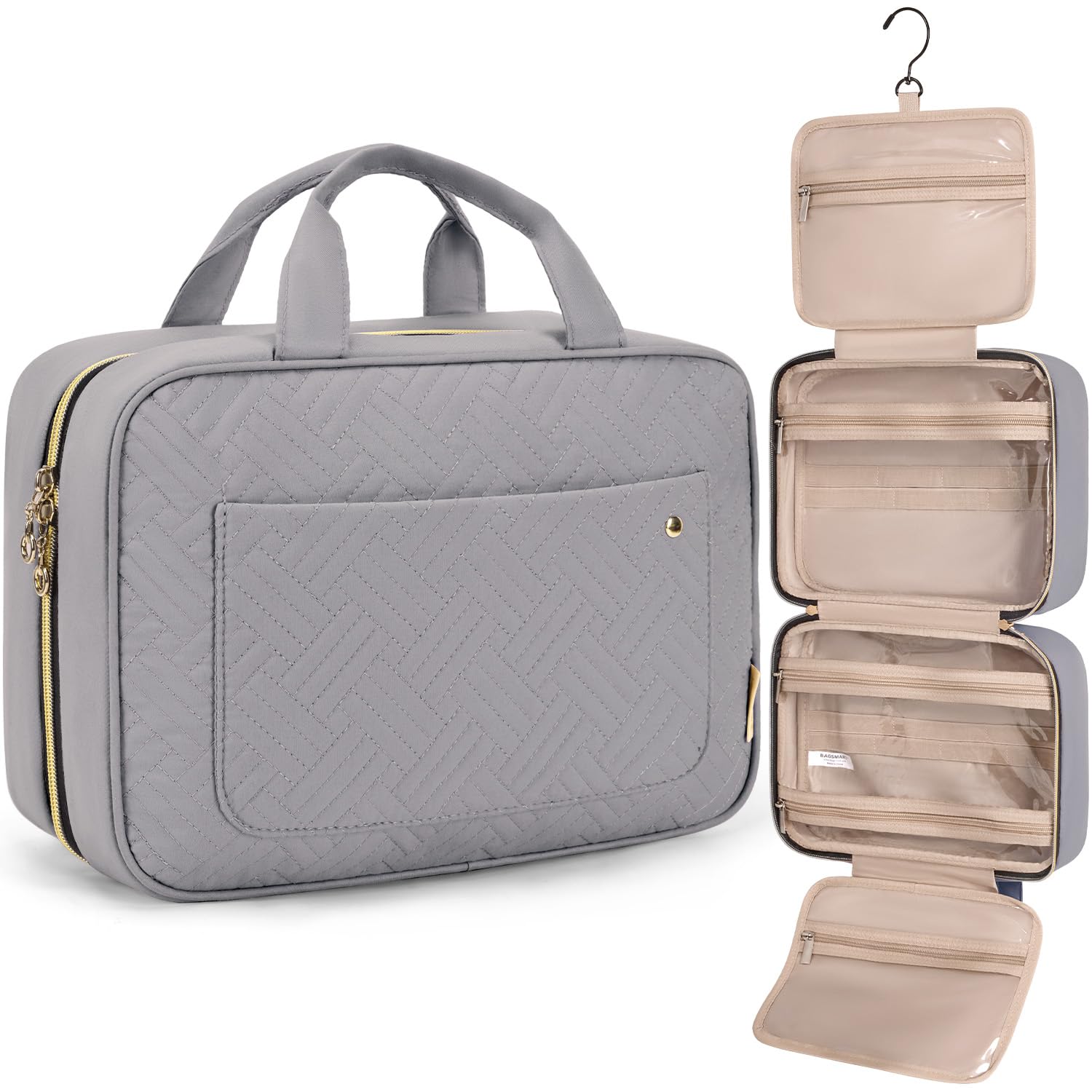 BAGSMART toiletry bag with hanging hook in grey for easy room organization.