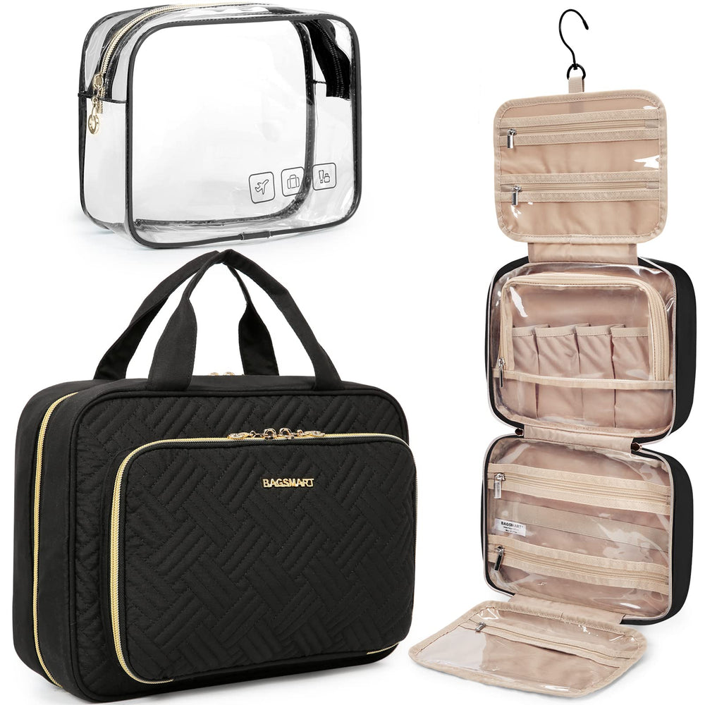 BAGSMART hanging toiletry bag in a hotel bathroom with easy access on the hook.