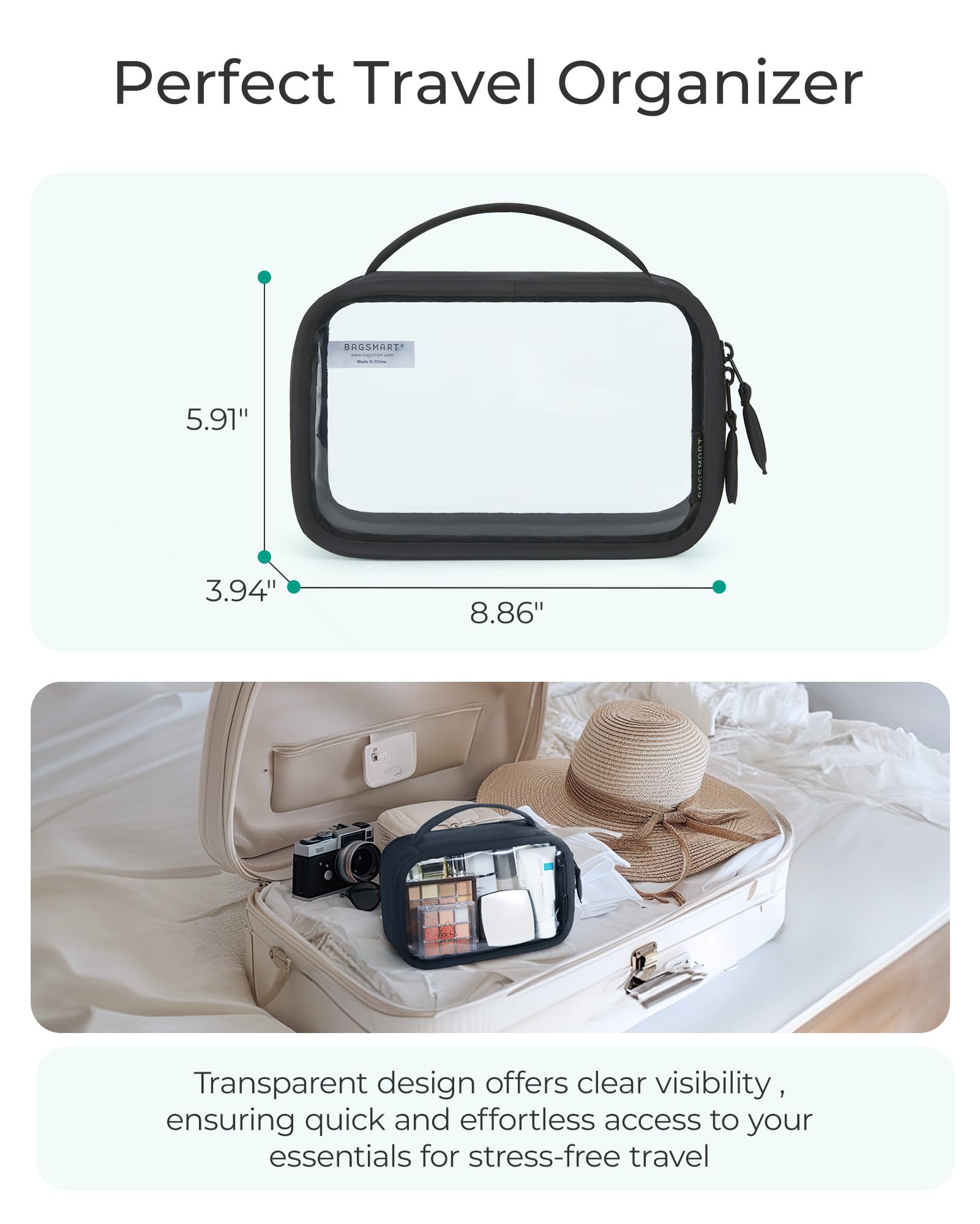 BAGSMART quart-sized pouch for travel liquids and cosmetics.
