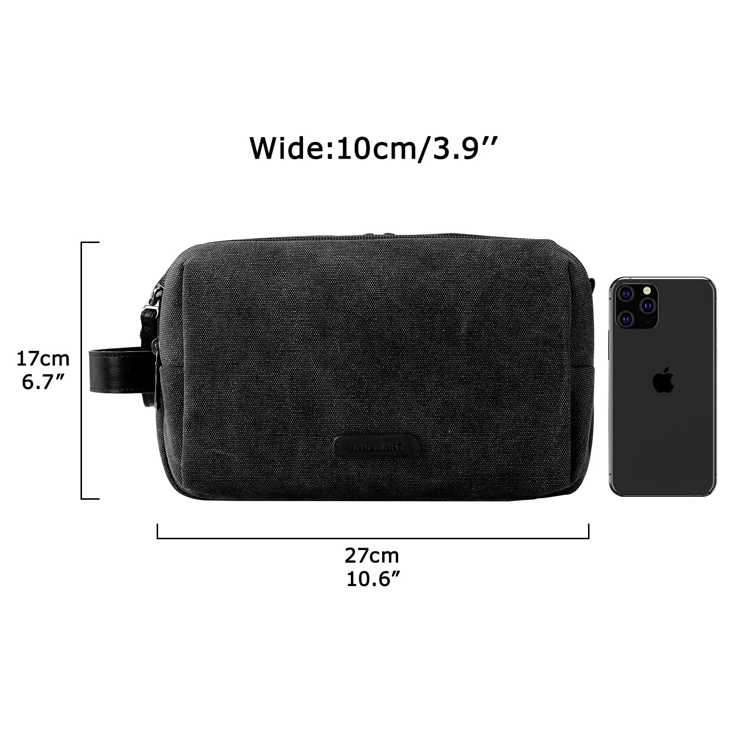 Medium BAGSMART toiletry bag sized for essential toiletries on short trips.