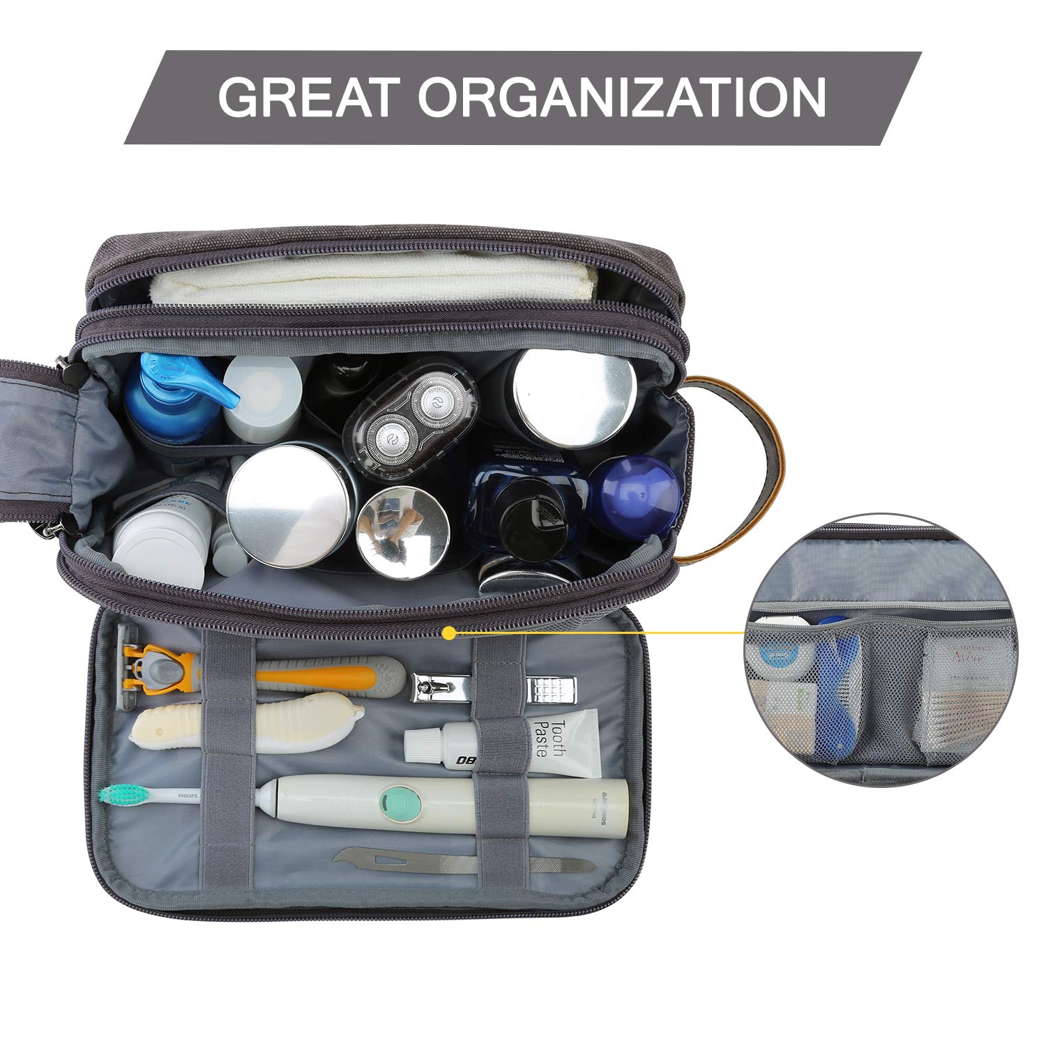 BAGSMART Toiletry Bag for Men, side pocket open, showcasing two-sided zipper organization.