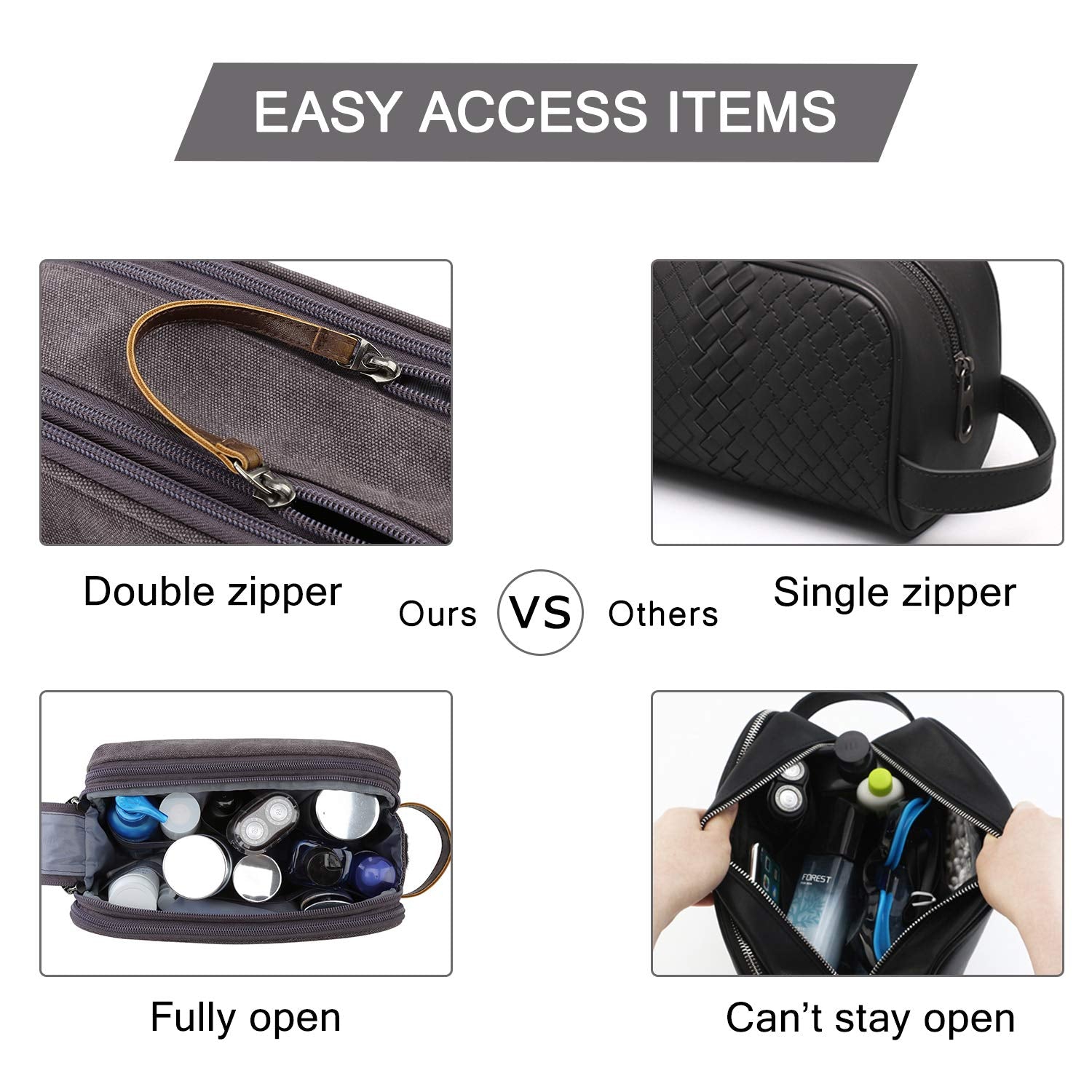 BAGSMART Toiletry Bag for Men, two-sided zipper pockets, waterproof back, versatile storage.