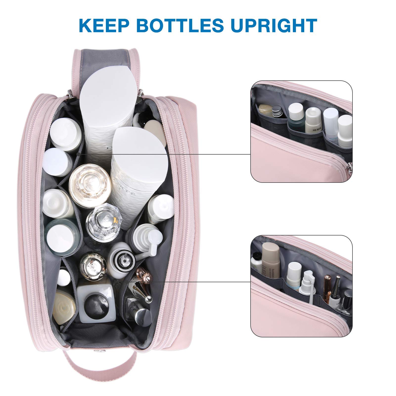 BAGSMART bag pink medium interior shows upright bottle organization for easy packing