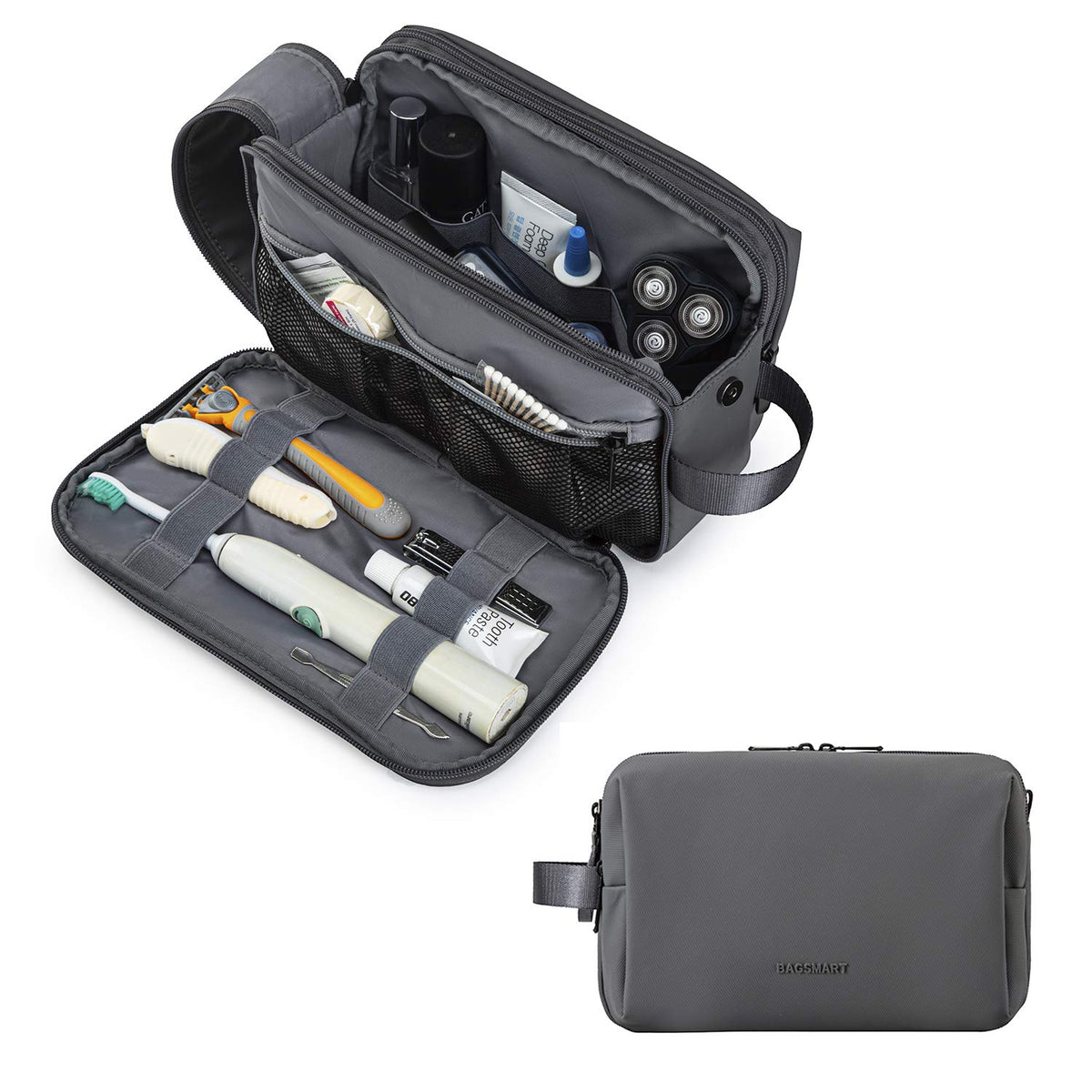 BAGSMART Toiletry Bag for Men exterior shows water-resistant fabric protecting contents while traveling.