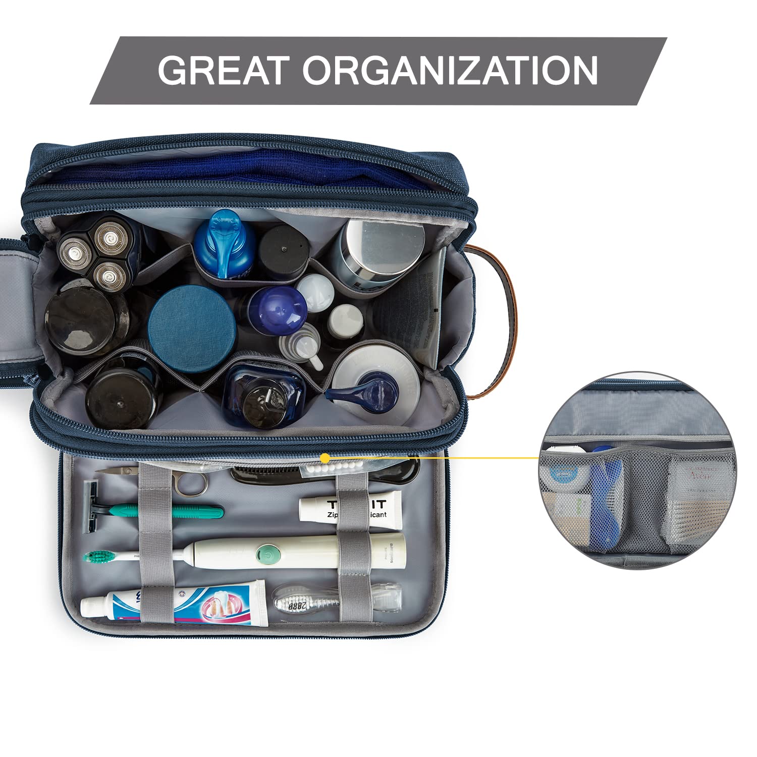 BAGSMART Toiletry Bag Navy Large, side pocket open for easy access.