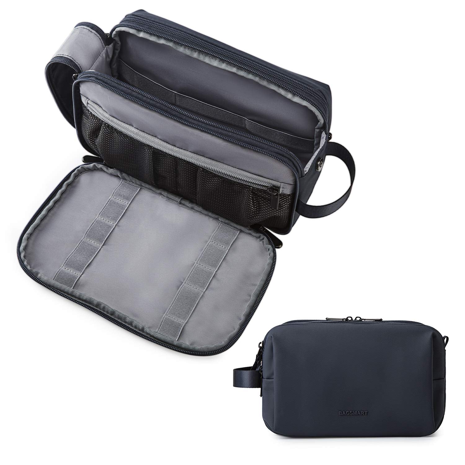 BAGSMART Toiletry Bag in navy medium shows open capacity for travel essentials.
