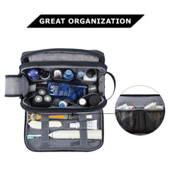 BAGSMART toiletry bag navy medium demonstrates water-resistant fabric and easy wipe-clean.