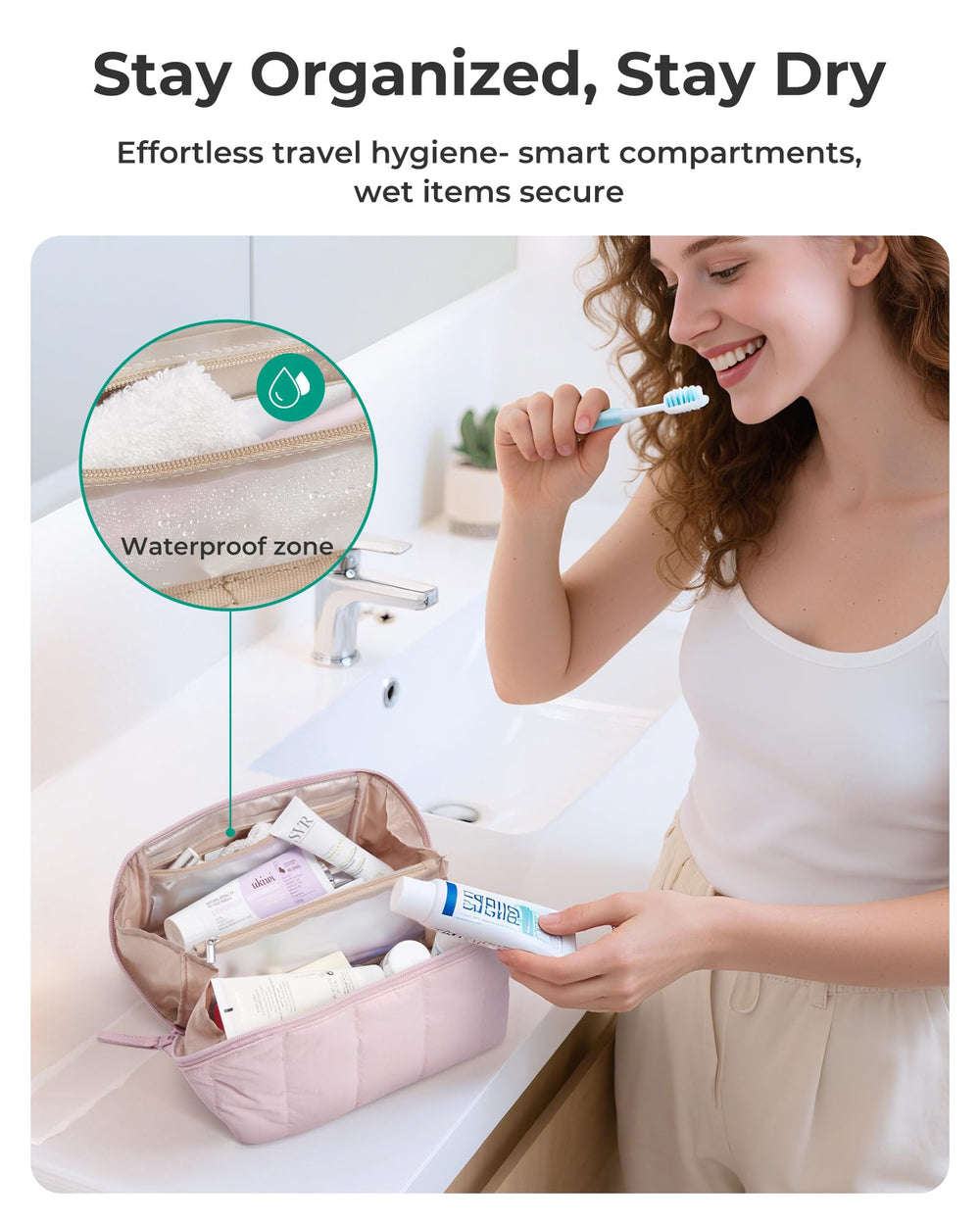BAGSMART travel makeup bag holds cosmetics and skincare for weekend trips