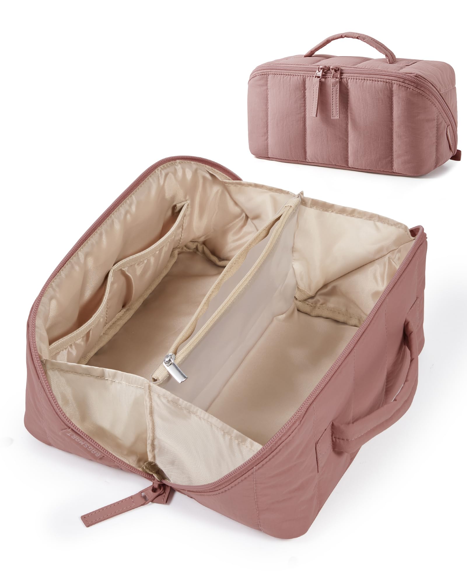 BAGSMART travel makeup bag in dark pink with open-flat design for easy access