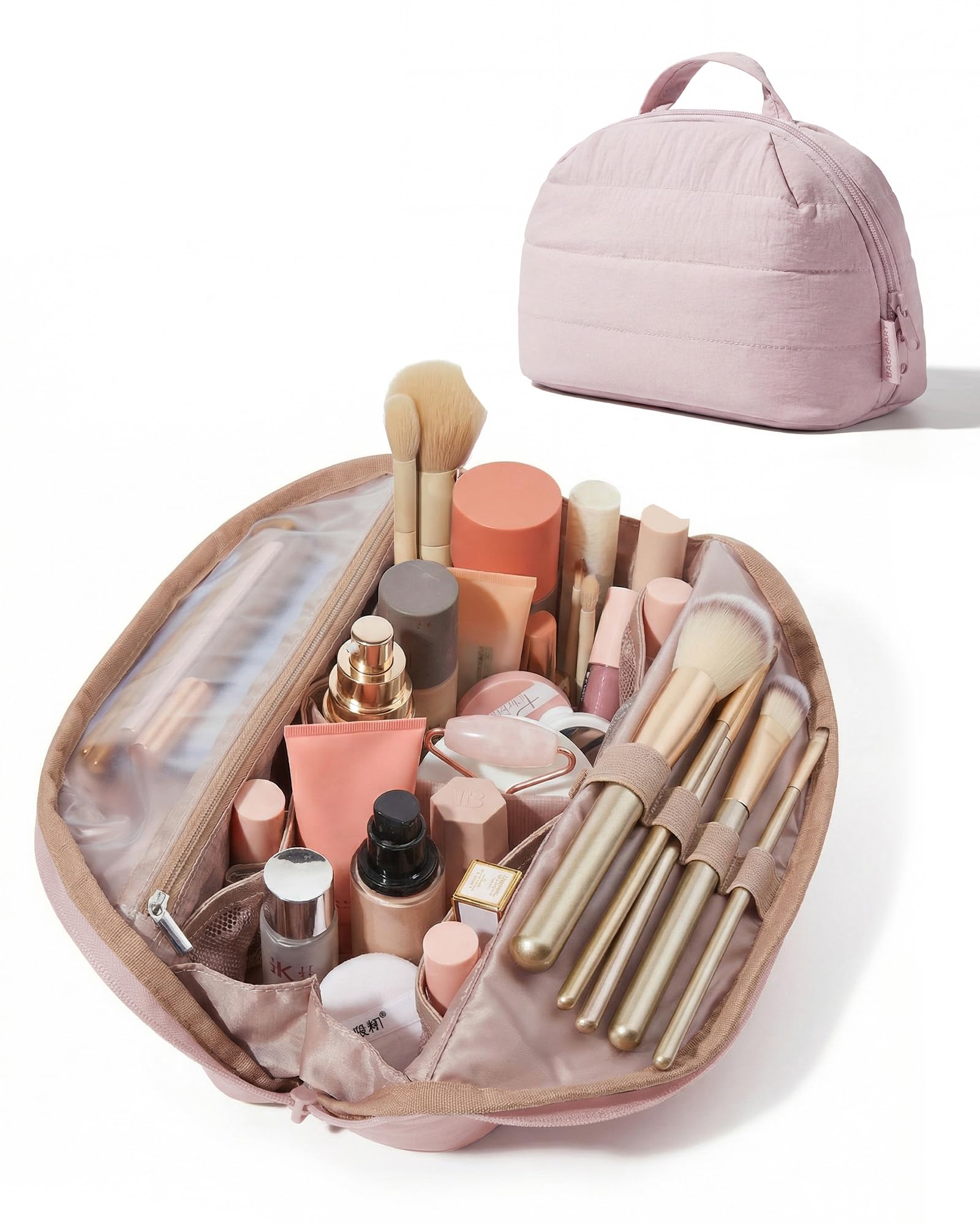 BAGSMART travel makeup bag in baby pink with fold-down design for quick access.