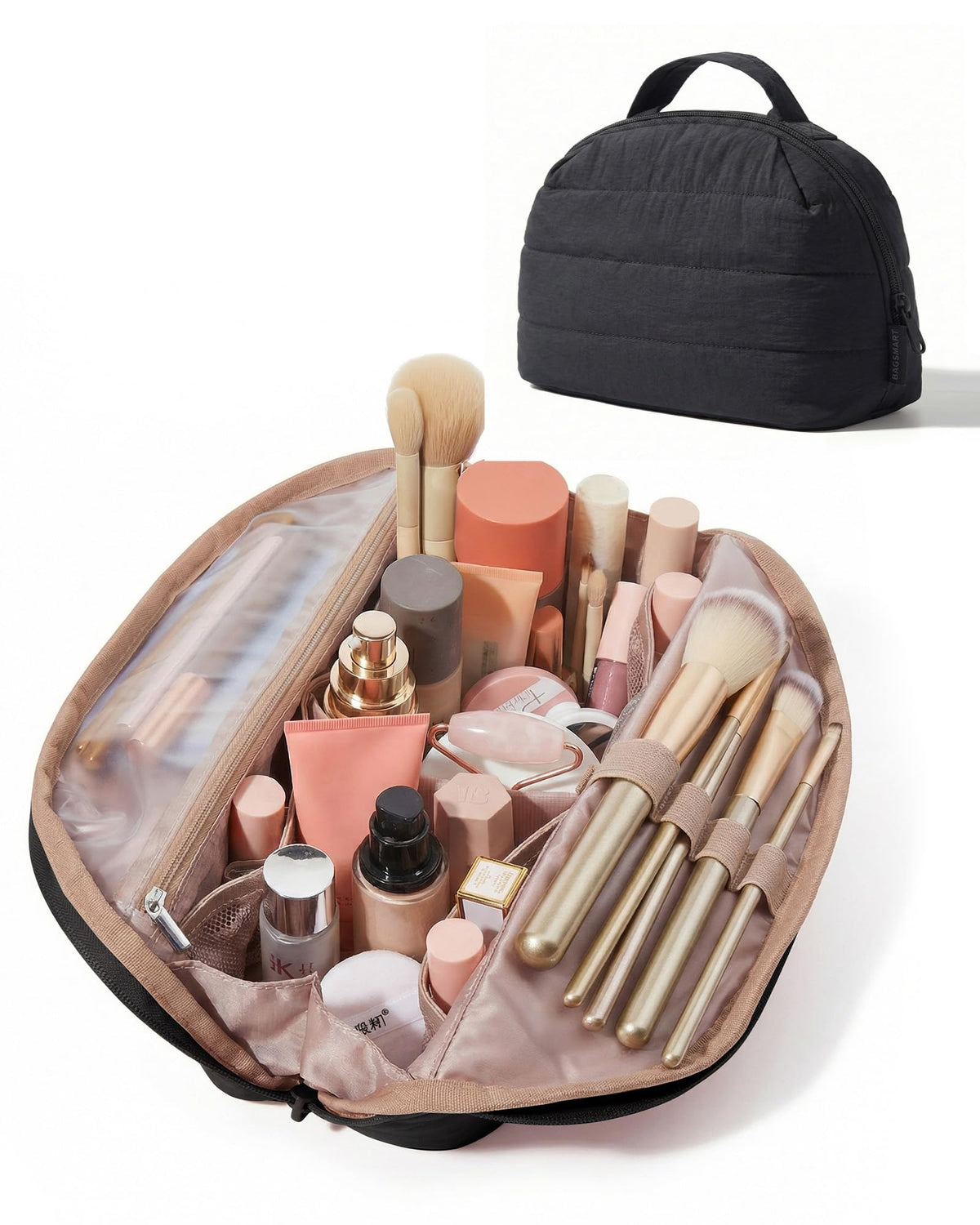BAGSMART travel makeup bag with fold-down design for quick access on the go.
