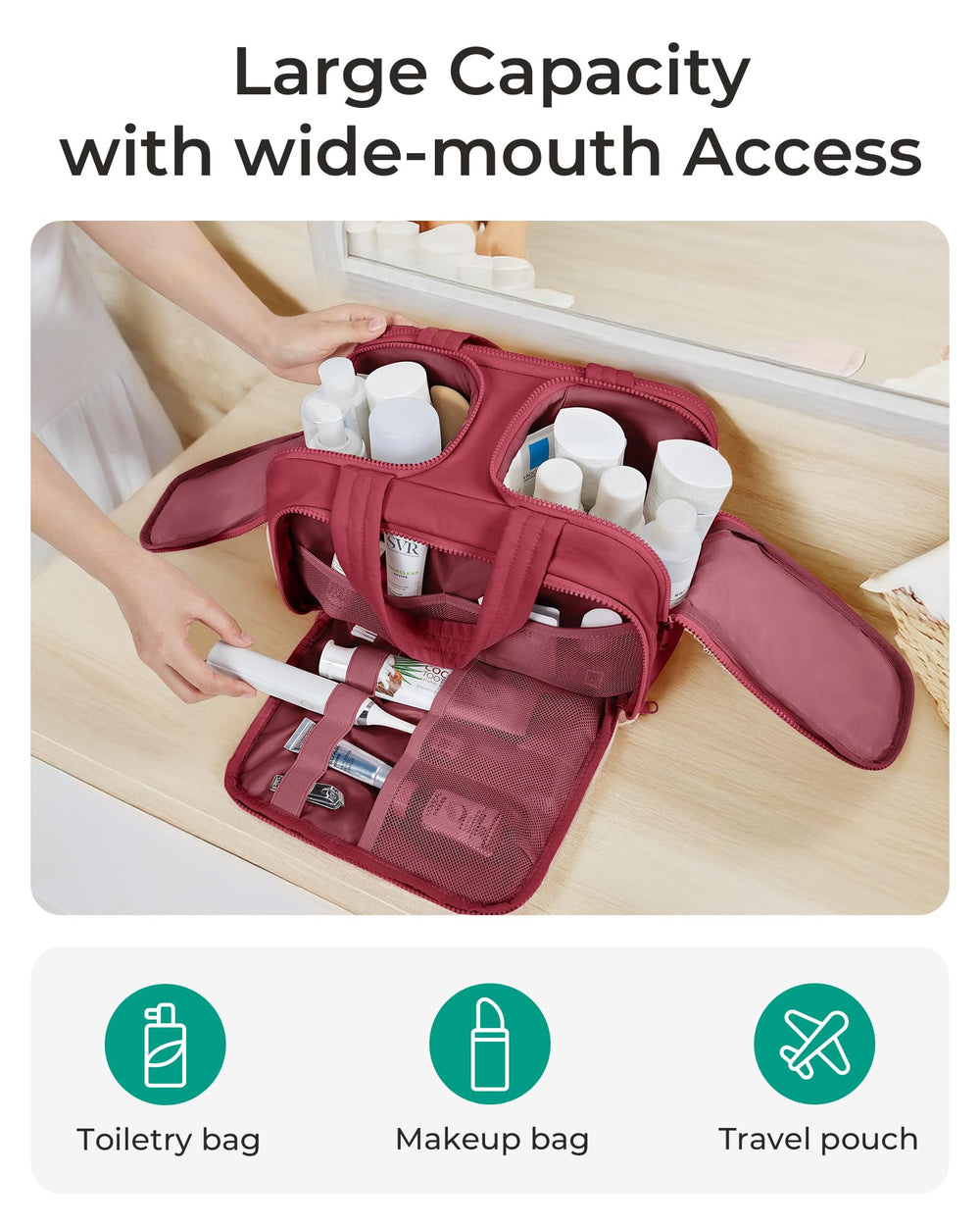BAGSMART versatile toiletry bag doubles as makeup, shaving kit, or gym bag for travel.