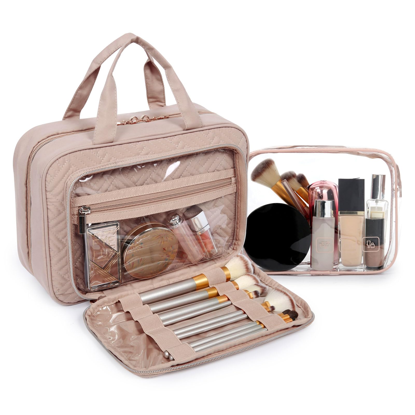 BAGSMART travel makeup organizer shown with transparent bag for quick security checks
