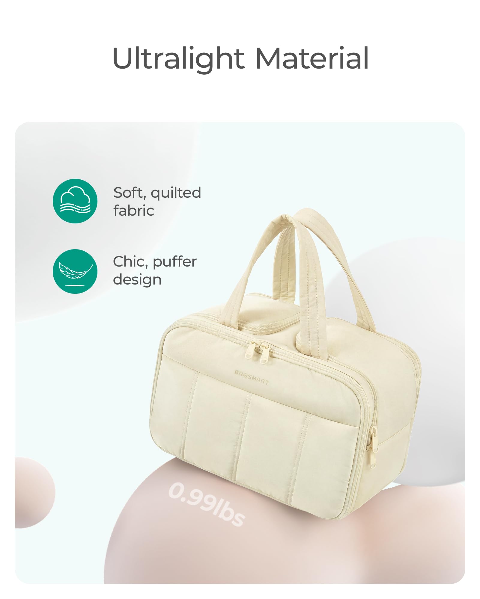 BAGSMART elastic brush pocket keeps makeup brushes upright for easy access.