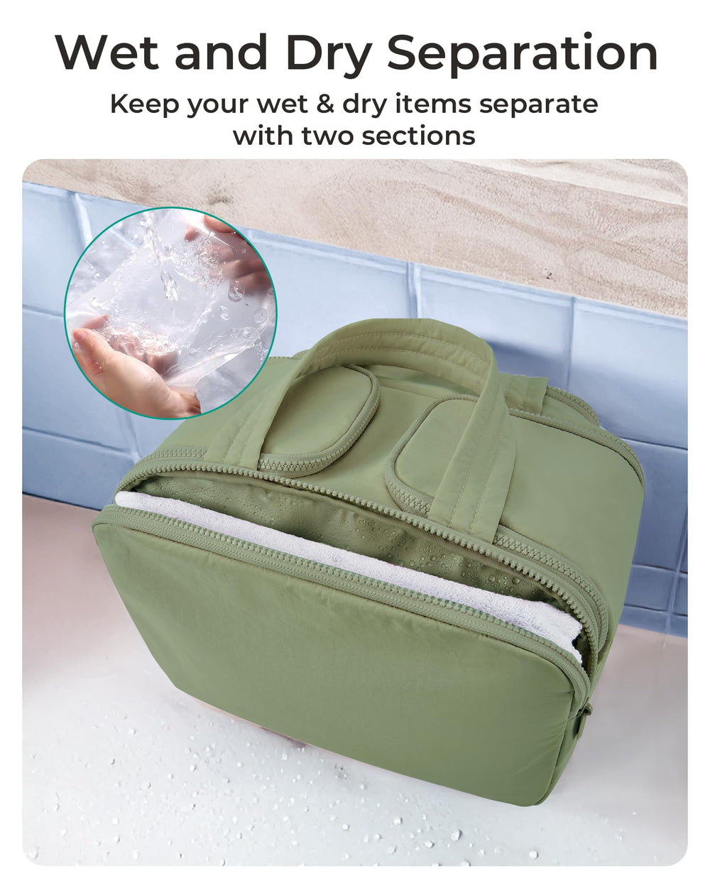 BAGSMART Travel Toiletry Bag dry-wet separation keeps items neatly separated