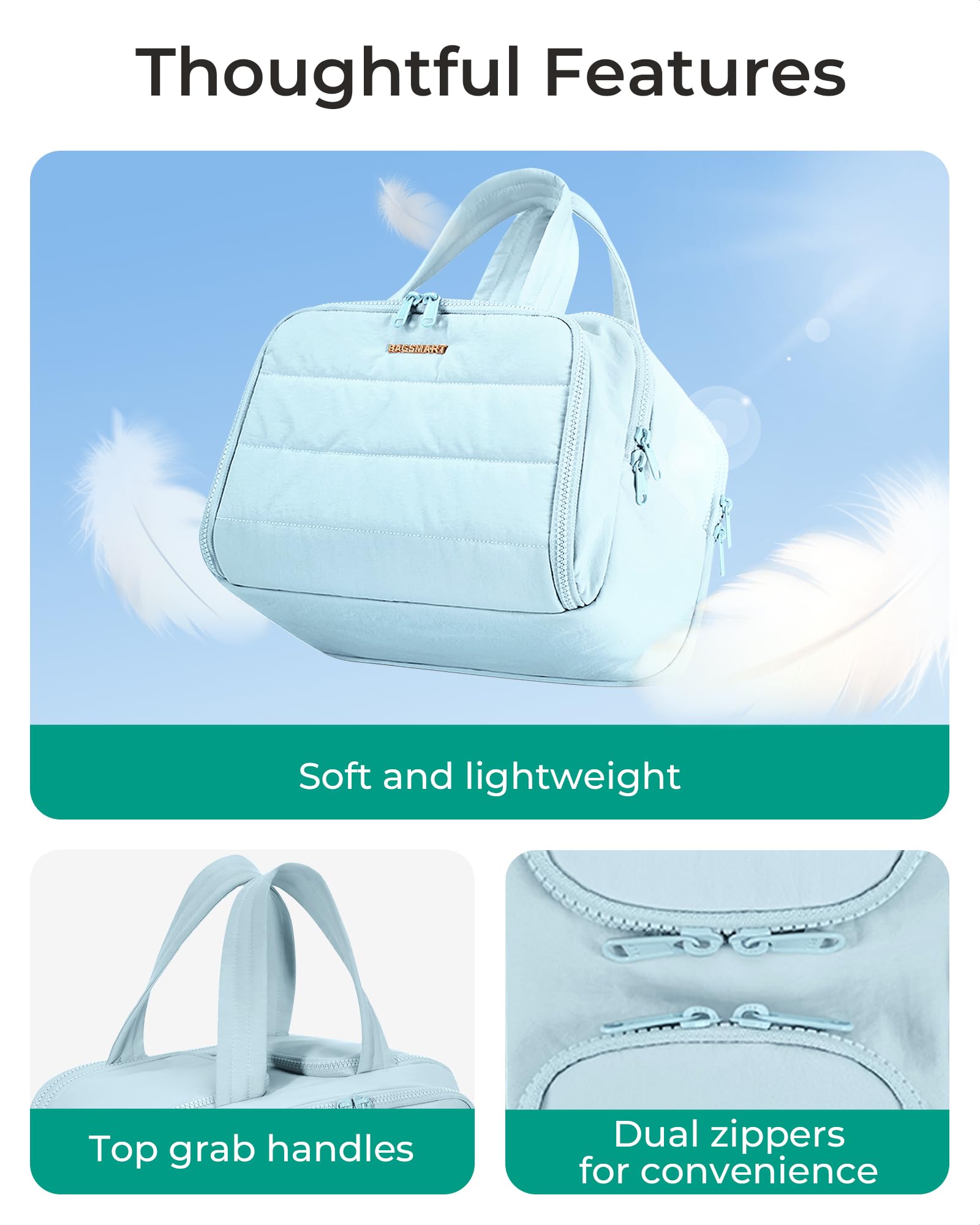 BAGSMART travel toiletry bag shows four compartments for organized packing.