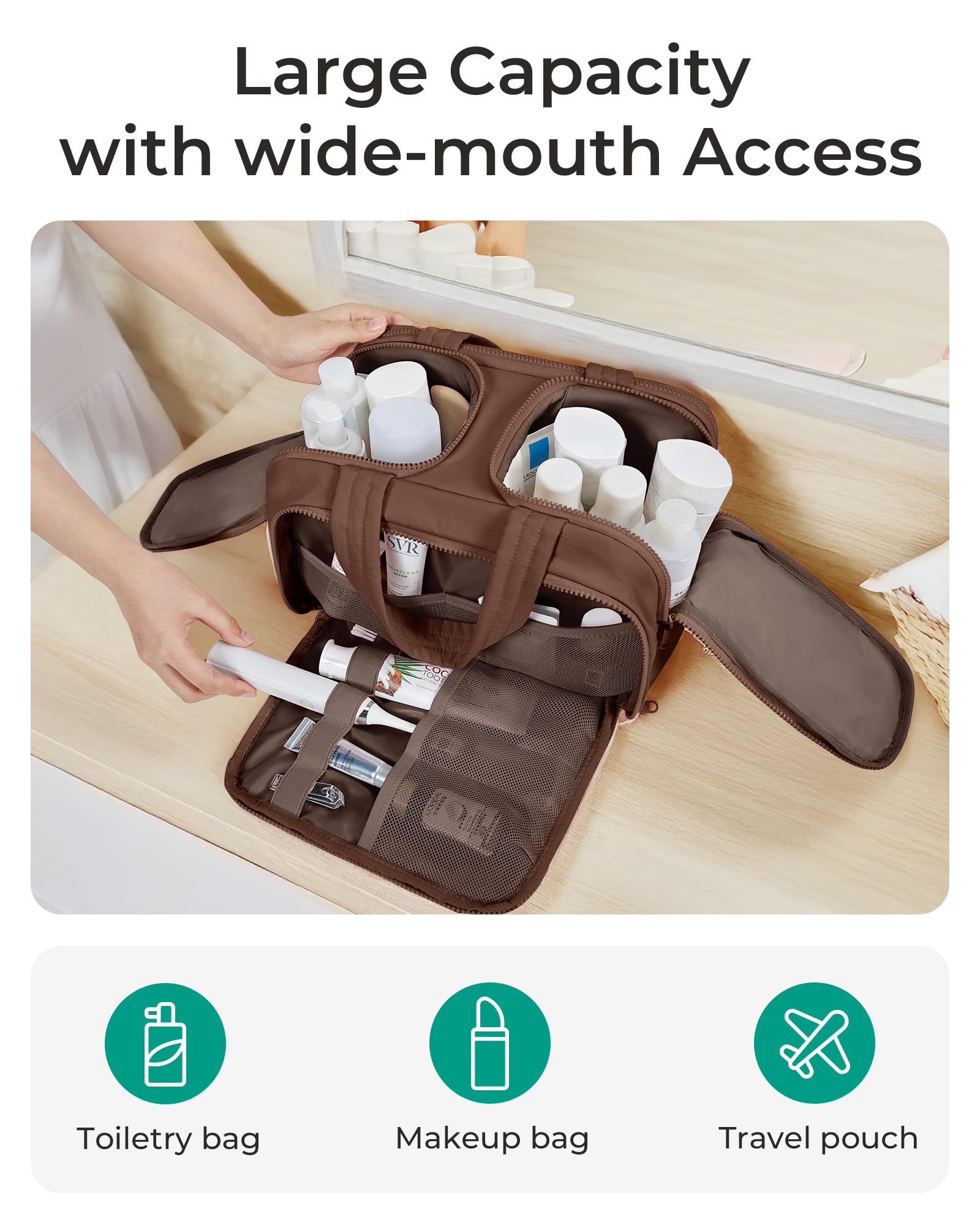 BAGSMART four-compartment design fits toiletries, makeup, and accessories.