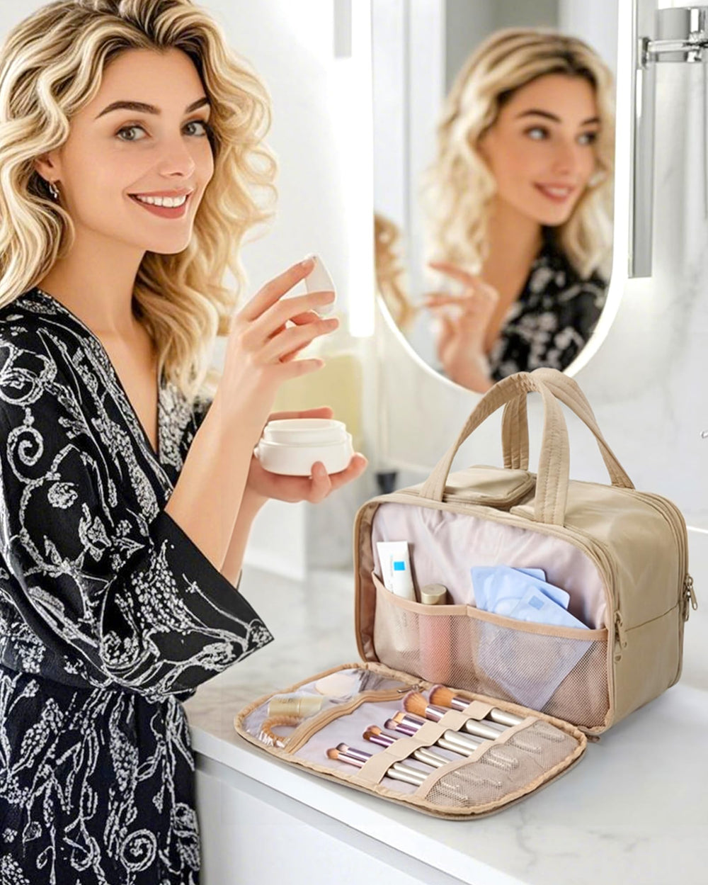BAGSMART travel toiletry bag interior with compartments for cosmetics and brushes.