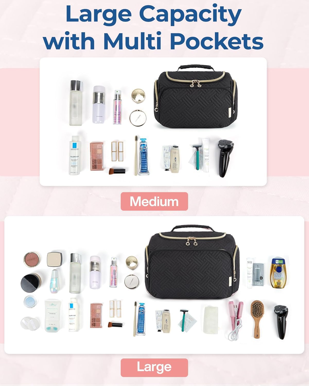 BAGSMART Travel Toiletry Bag features a sturdy handle and two-way zippers.