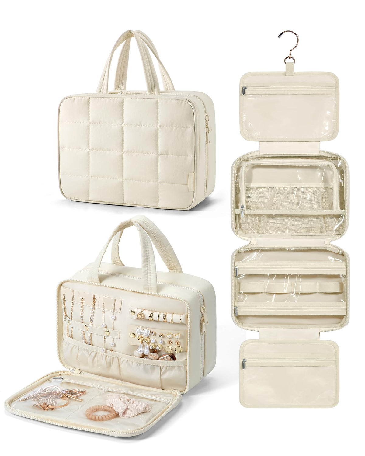 BAGSMART travel toiletry bag with jewelry organizer front pocket stores rings and earrings securely.
