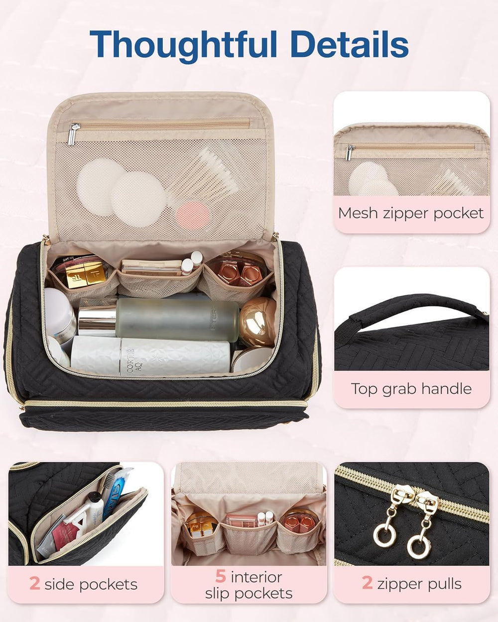 BAGSMART's multi-pocket design helps organize toiletries and cosmetics efficiently.