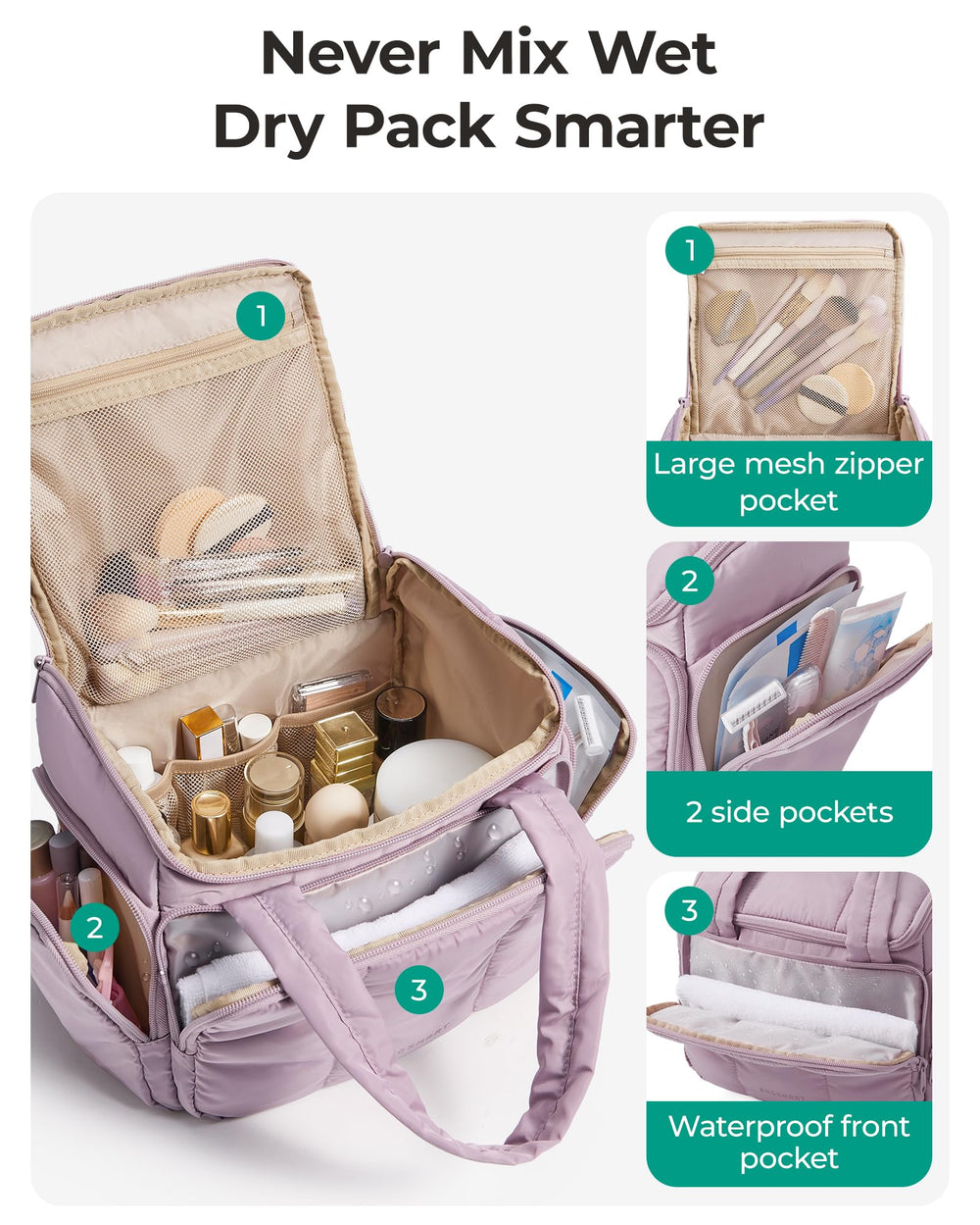 BAGSMART bag open layout reveals pockets for toiletries and makeup