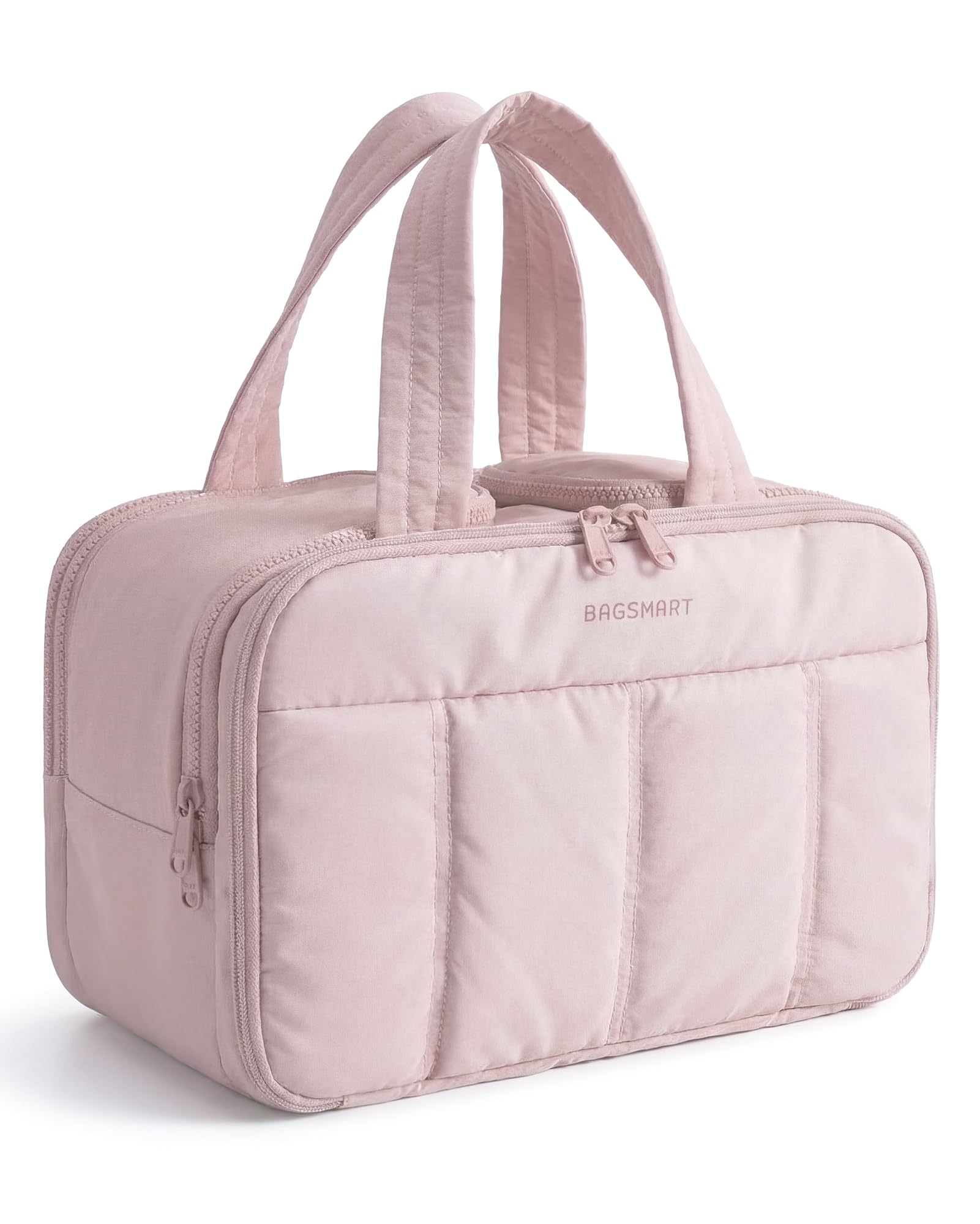 BAGSMART travel toiletry bag in pink with a large opening for easy packing.