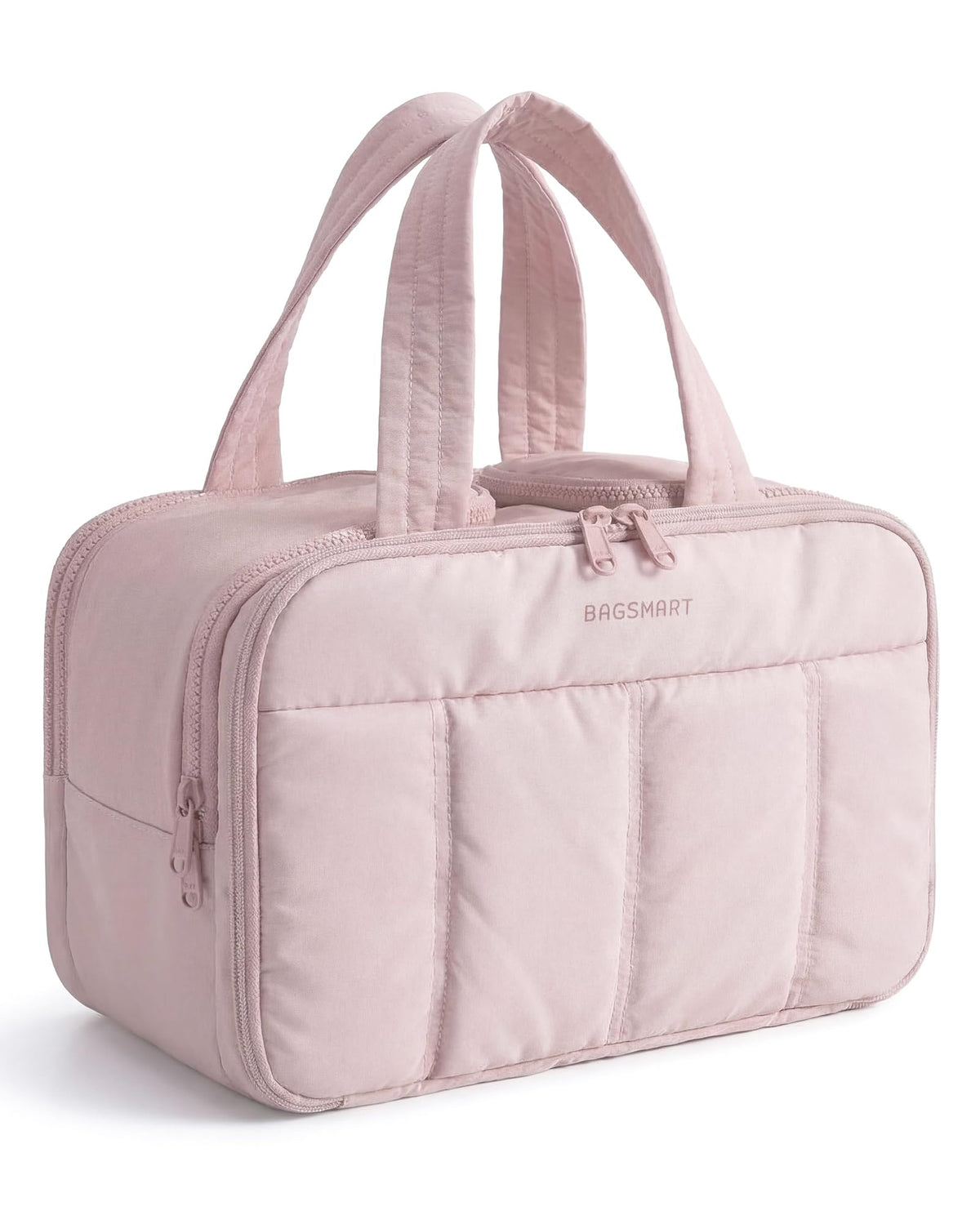 BAGSMART travel toiletry bag in pink with a large opening for easy packing.
