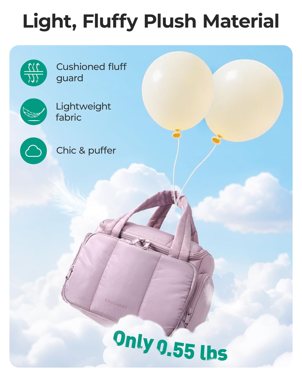 BAGSMART puffy-soft fabric close-up emphasizes lightweight, water-resistant shell